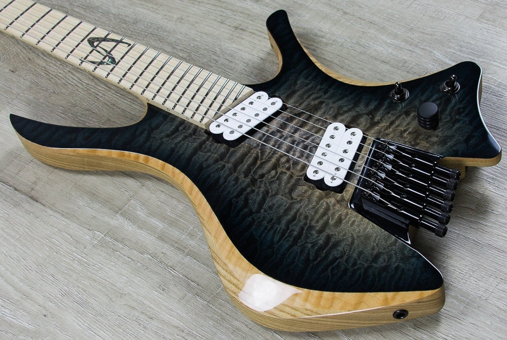 Skervesen Shoggie 6-String Headless Multiscale Electric Guitar, Quilted Maple AAAA, Flamed Maple Fingerboard, Hard Case - Trans Black Burst