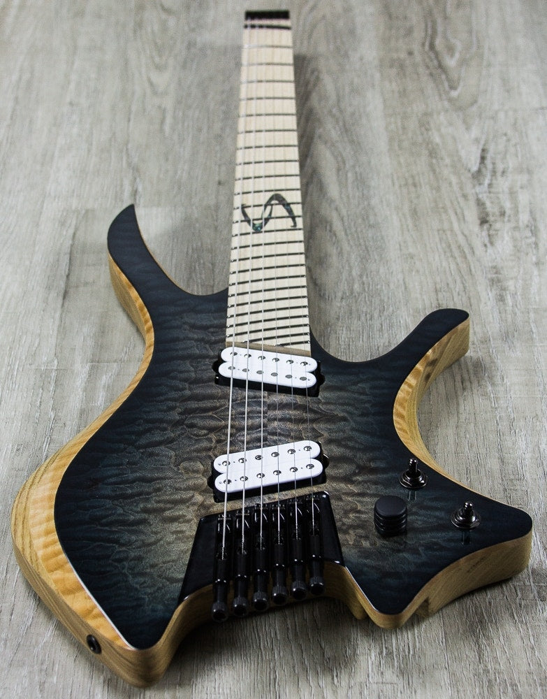 Skervesen Shoggie 6-String Headless Multiscale Electric Guitar, Quilted Maple AAAA, Flamed Maple Fingerboard, Hard Case - Trans Black Burst