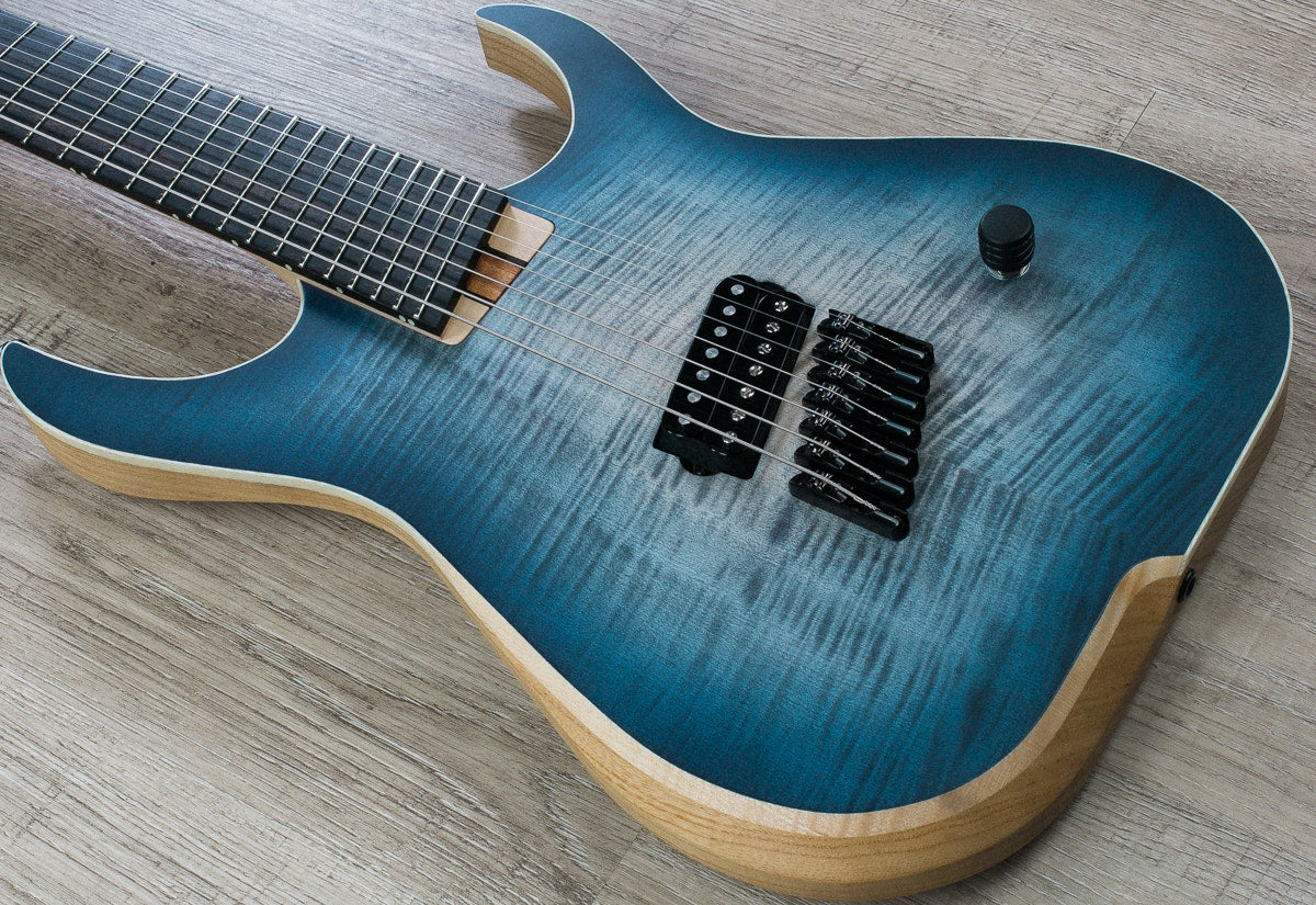 Skervesen Raptor 7 Multiscale Electric Guitar, AAAA Flamed Top, Bare Knuckle Nailbomb, Hiscox Hardcase - Indigo Denim Stain Burst
