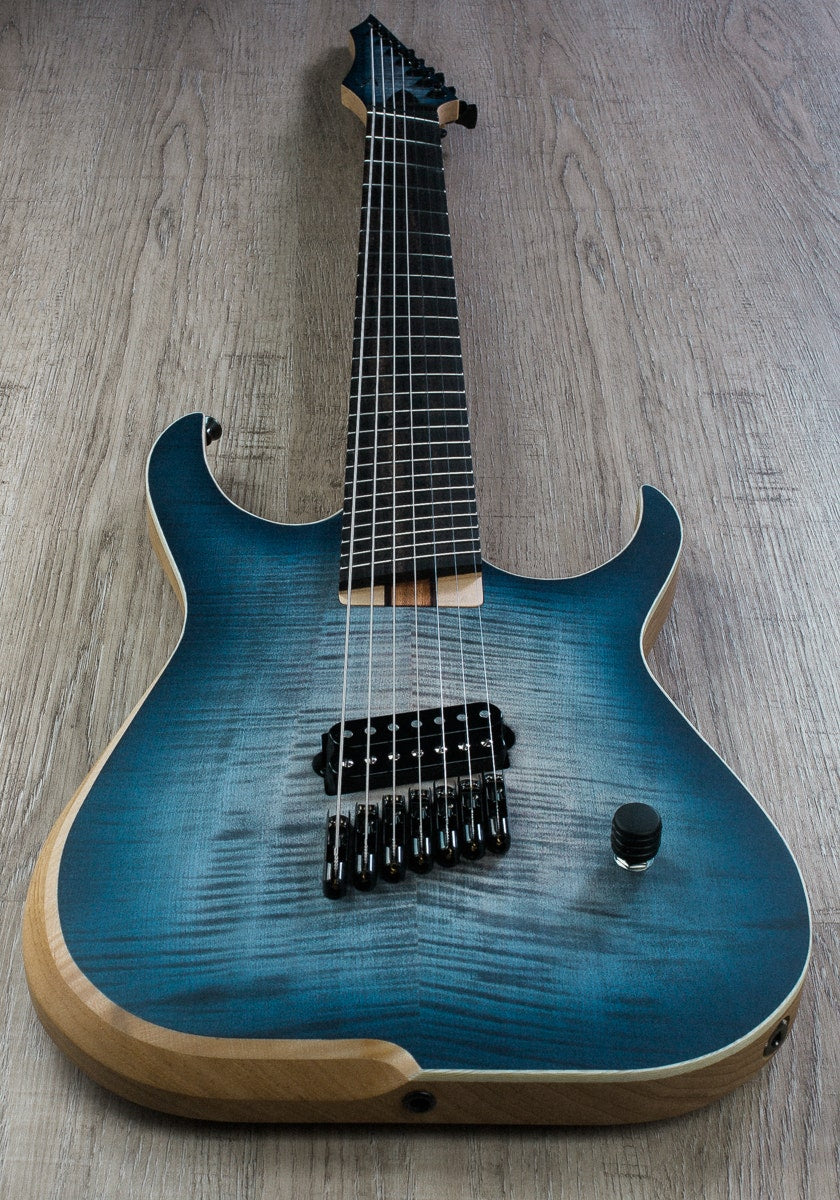 Skervesen Raptor 7 Multiscale Electric Guitar, AAAA Flamed Top, Bare Knuckle Nailbomb, Hiscox Hardcase - Indigo Denim Stain Burst
