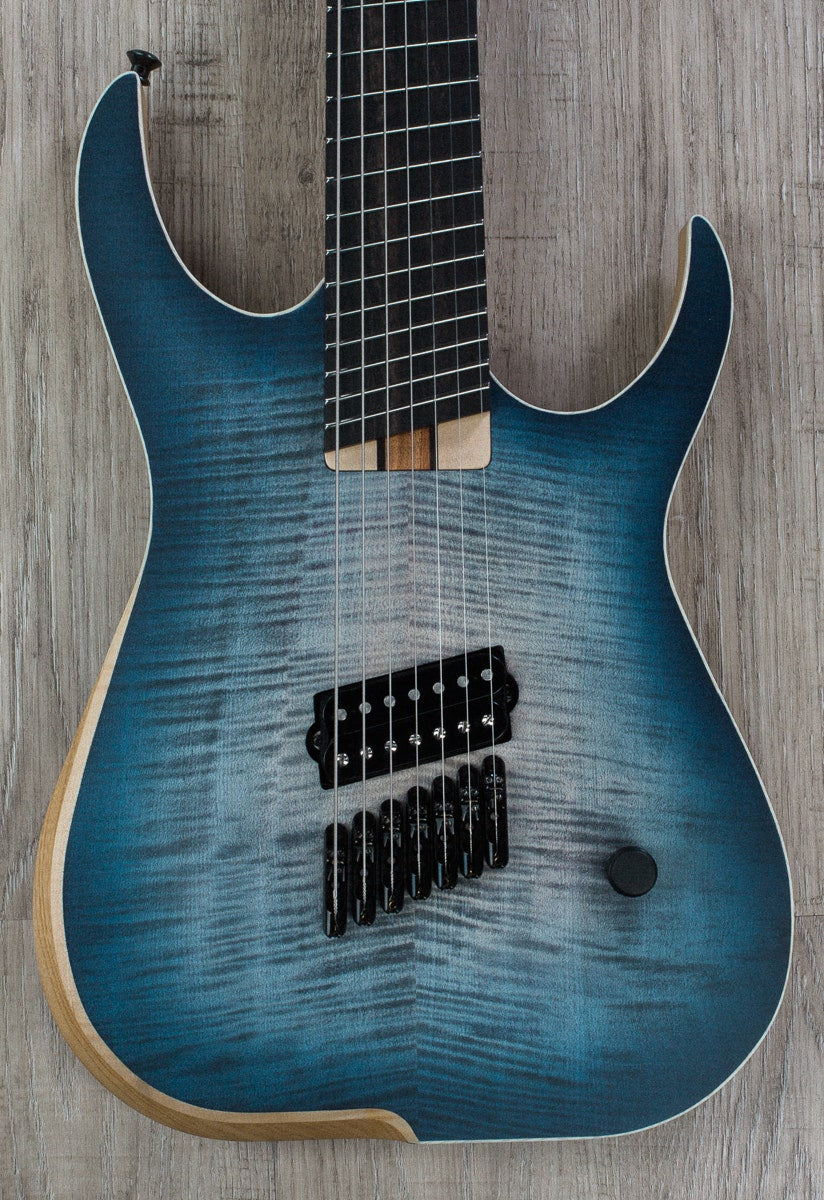 Skervesen Raptor 7 Multiscale Electric Guitar, AAAA Flamed Top, Bare Knuckle Nailbomb, Hiscox Hardcase - Indigo Denim Stain Burst
