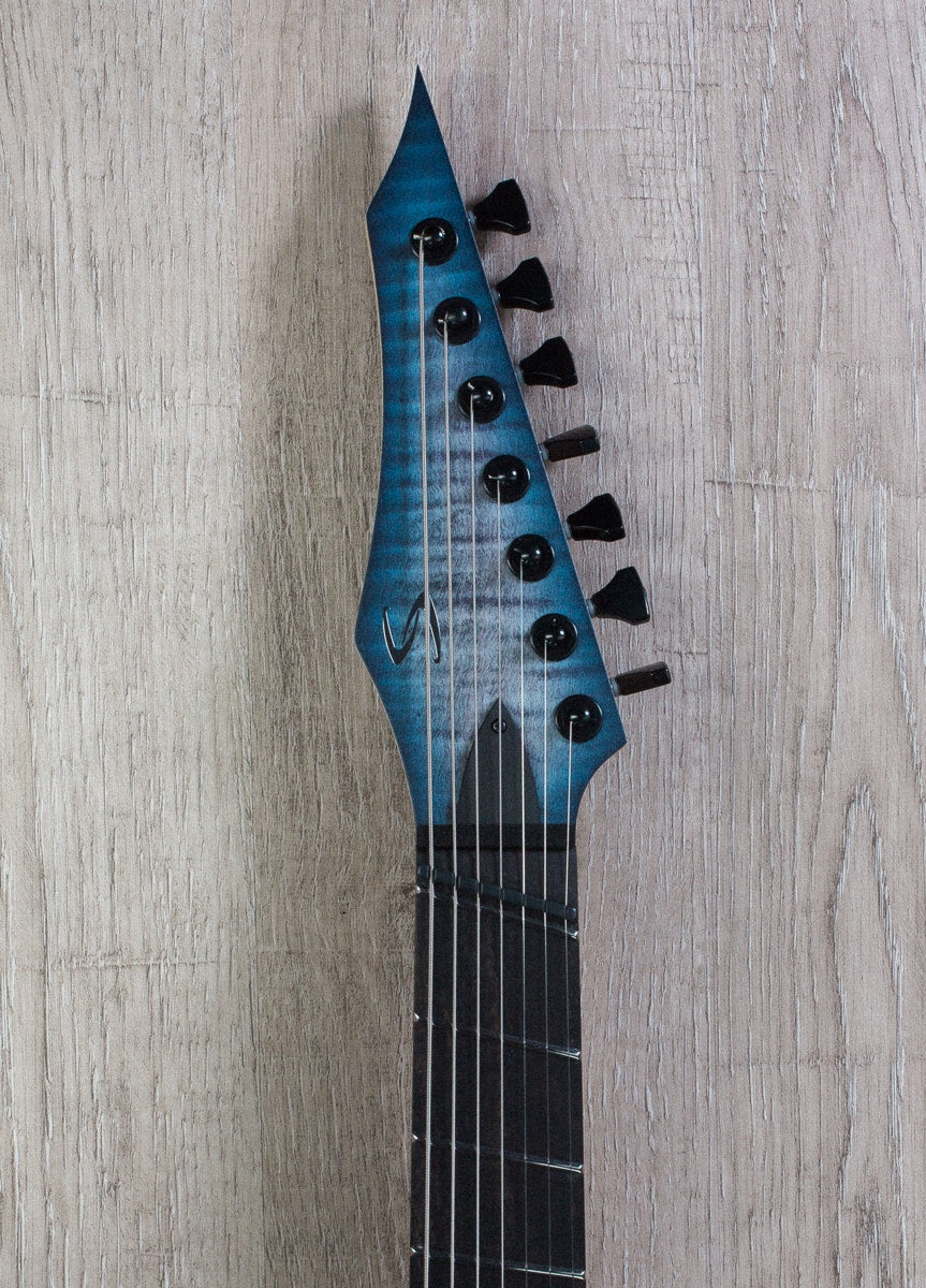 Skervesen Raptor 7 Multiscale Electric Guitar, AAAA Flamed Top, Bare Knuckle Nailbomb, Hiscox Hardcase - Indigo Denim Stain Burst