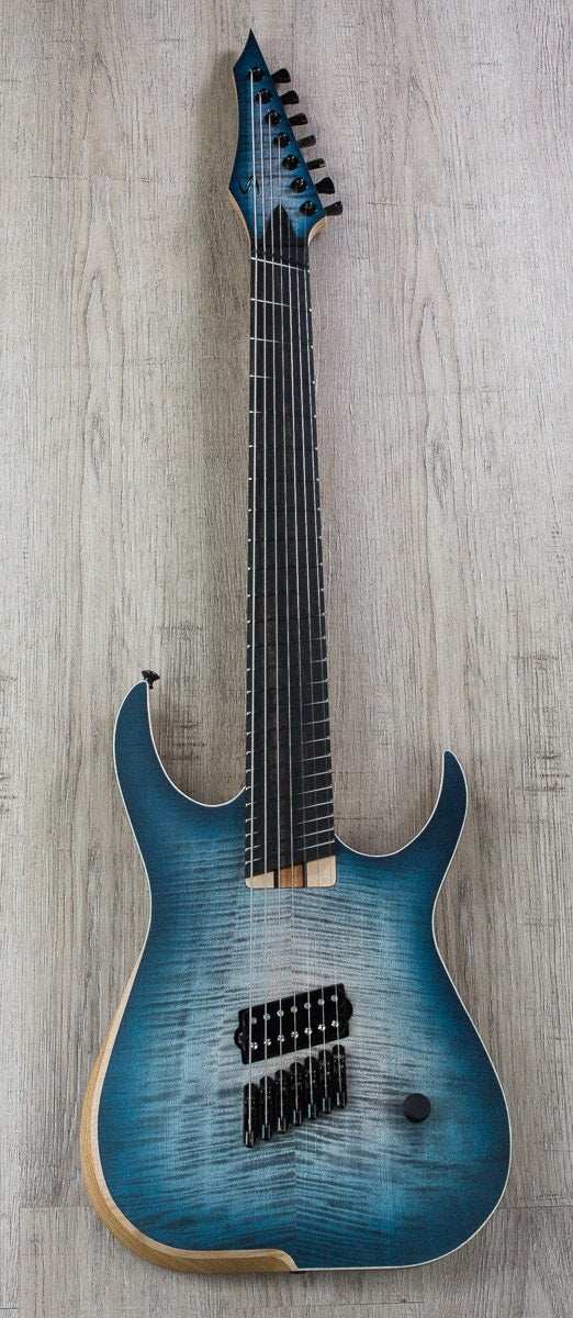 Skervesen Raptor 7 Multiscale Electric Guitar, AAAA Flamed Top, Bare Knuckle Nailbomb, Hiscox Hardcase - Indigo Denim Stain Burst