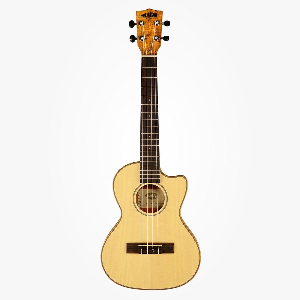 Kala KA-SSTU-SMT-C Thinline Travel Solid Spruce/Spalted Maple Tenor Cutaway Ukulele with Gig Bag