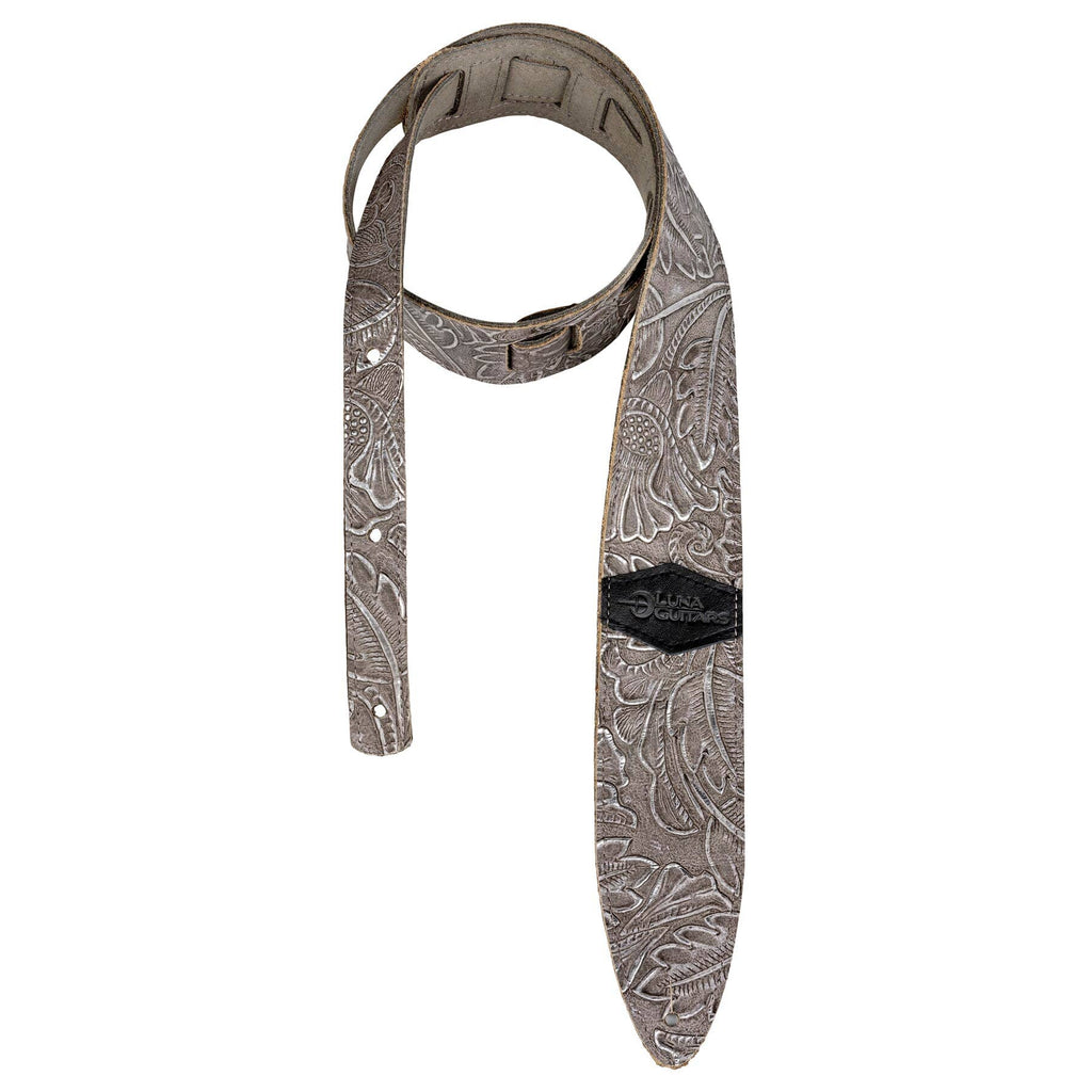 Luna STRAP LUNA LTH SLDR SLV Guitar Strap, Leather, Fern & Leaf Silver