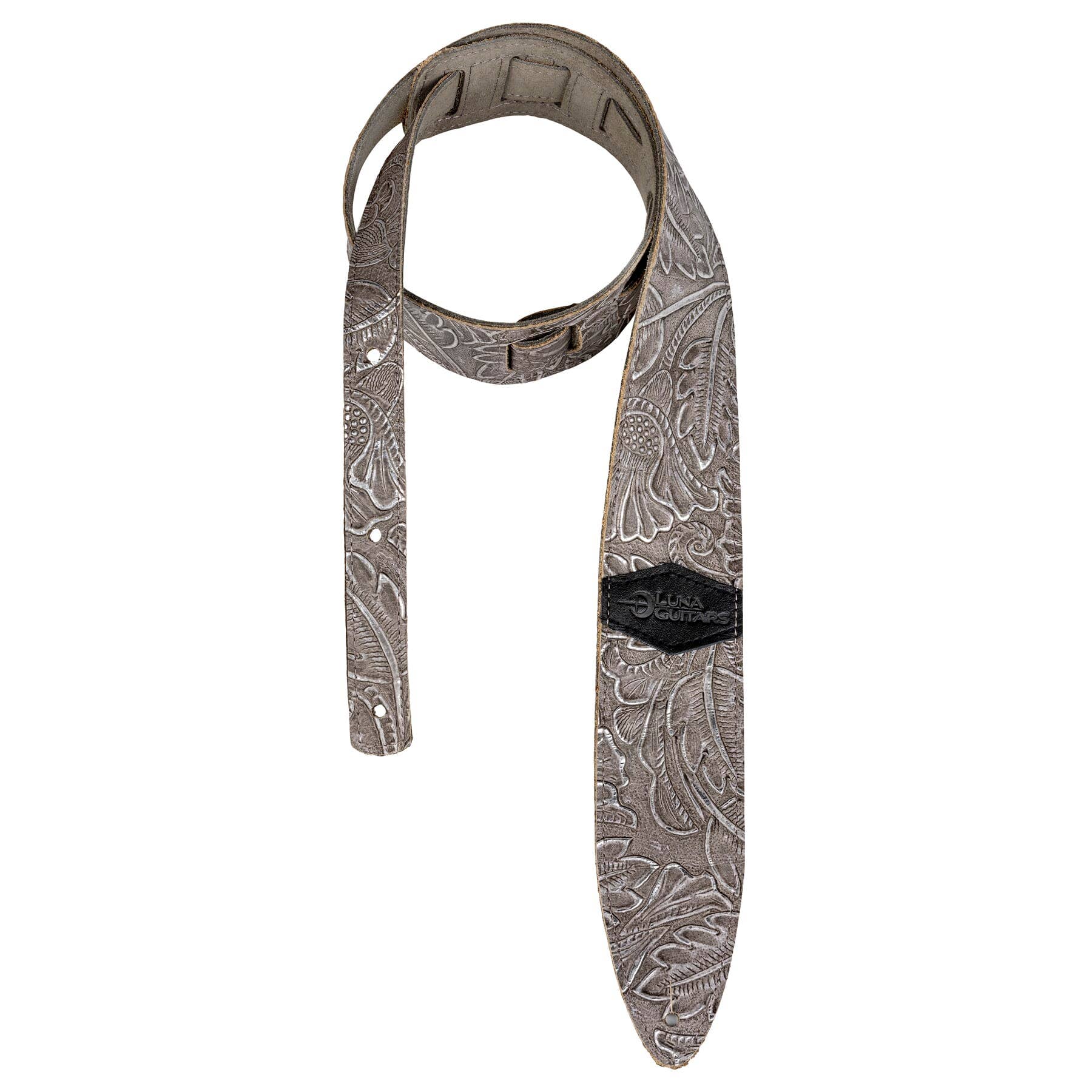 Luna STRAP LUNA LTH SLDR SLV Guitar Strap, Leather, Fern & Leaf Silver