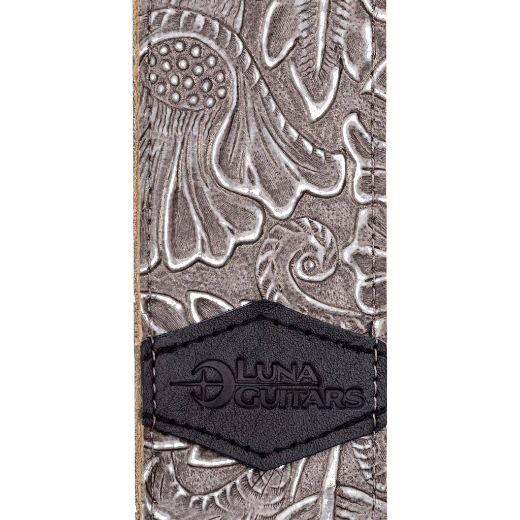 Luna STRAP LUNA LTH SLDR SLV Guitar Strap, Leather, Fern & Leaf Silver