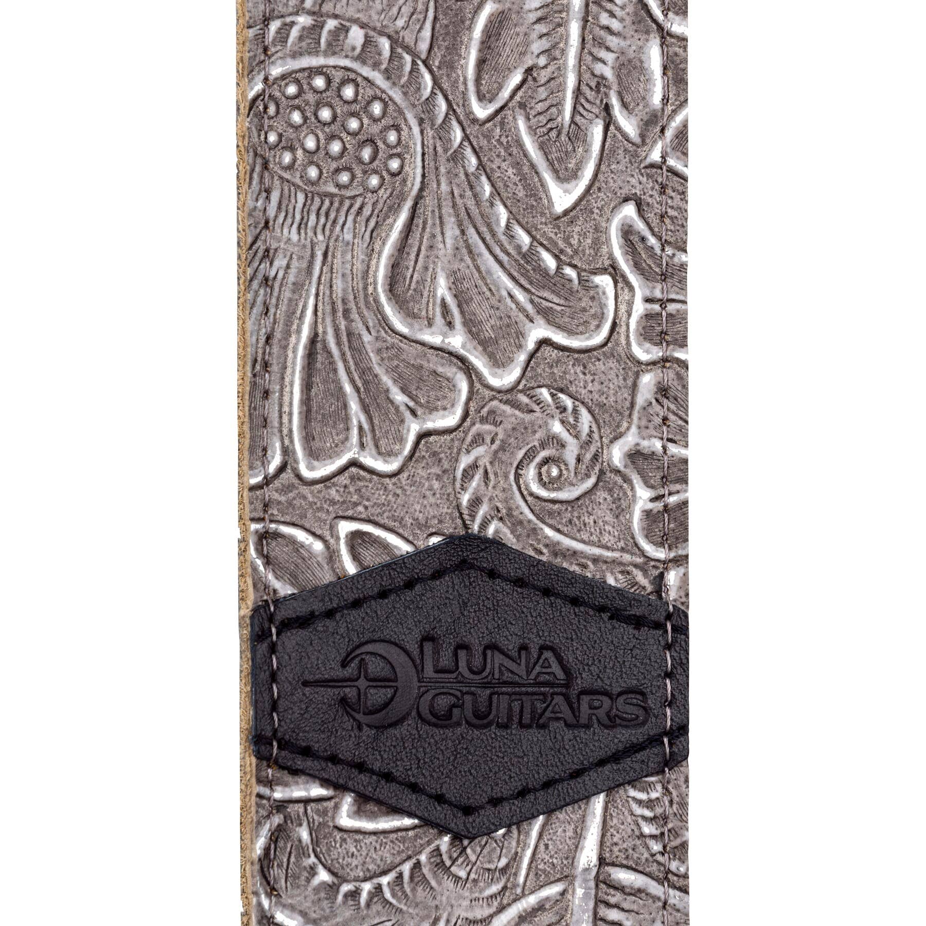 Luna STRAP LUNA LTH SLDR SLV Guitar Strap, Leather, Fern & Leaf Silver