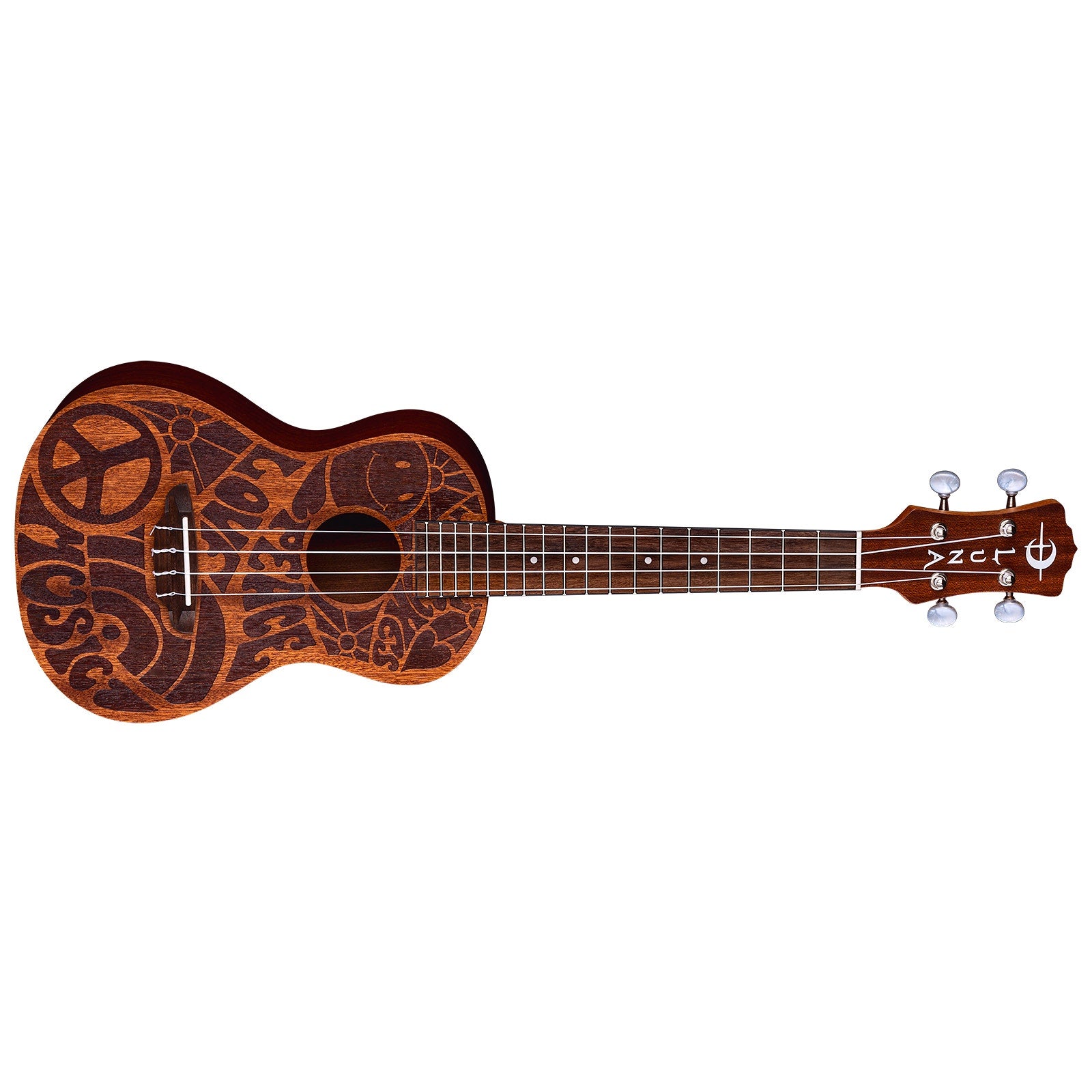 Luna UKE PCE C Uke Love Music Peace Concert Ukulele w/ Gigbag, Pau Ferro Fretboard