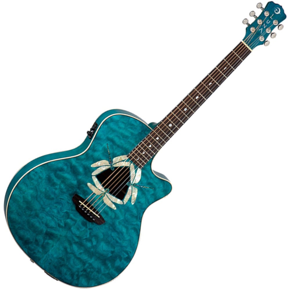 Luna FAU DF QM Fauna Series Dragonfly Quilted Maple Top Acoustic-Electric Guitar Trans Teal Finish