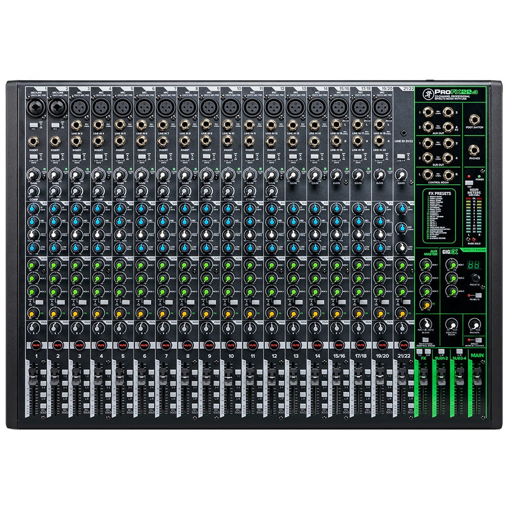Mackie ProFX22V3 Mixer, 17 Onyx Mic Pres, 12 Compressors, GigFX Effects Engine