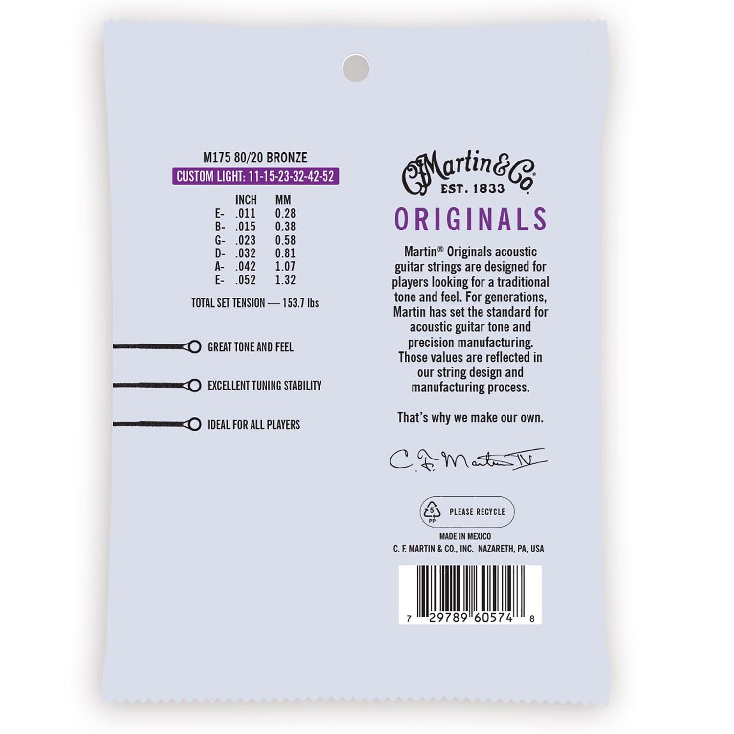 Martin M175 Originals 80/20 Bronze Acoustic Guitar Strings, Custom Light .011 - .052