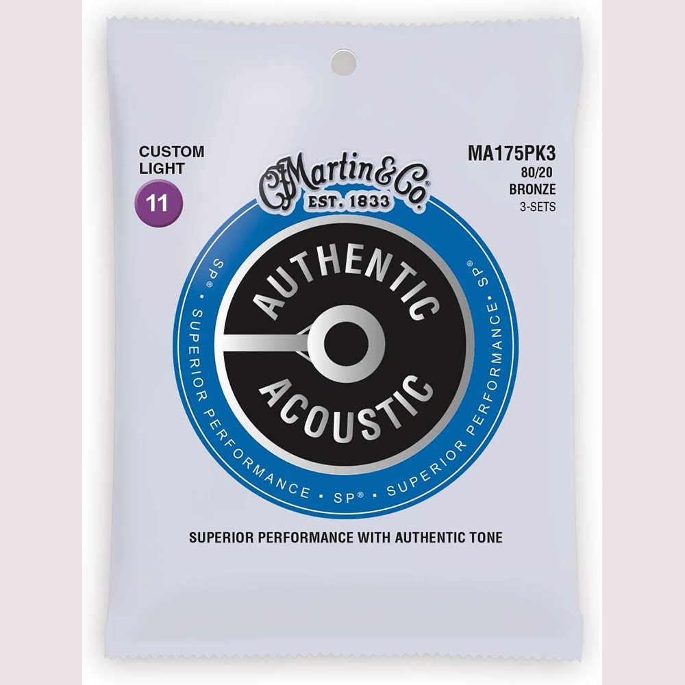 3-Pack of Martin Authentic Acoustic SP MA175 80/20 Guitar Strings, Custom Light (11-52)