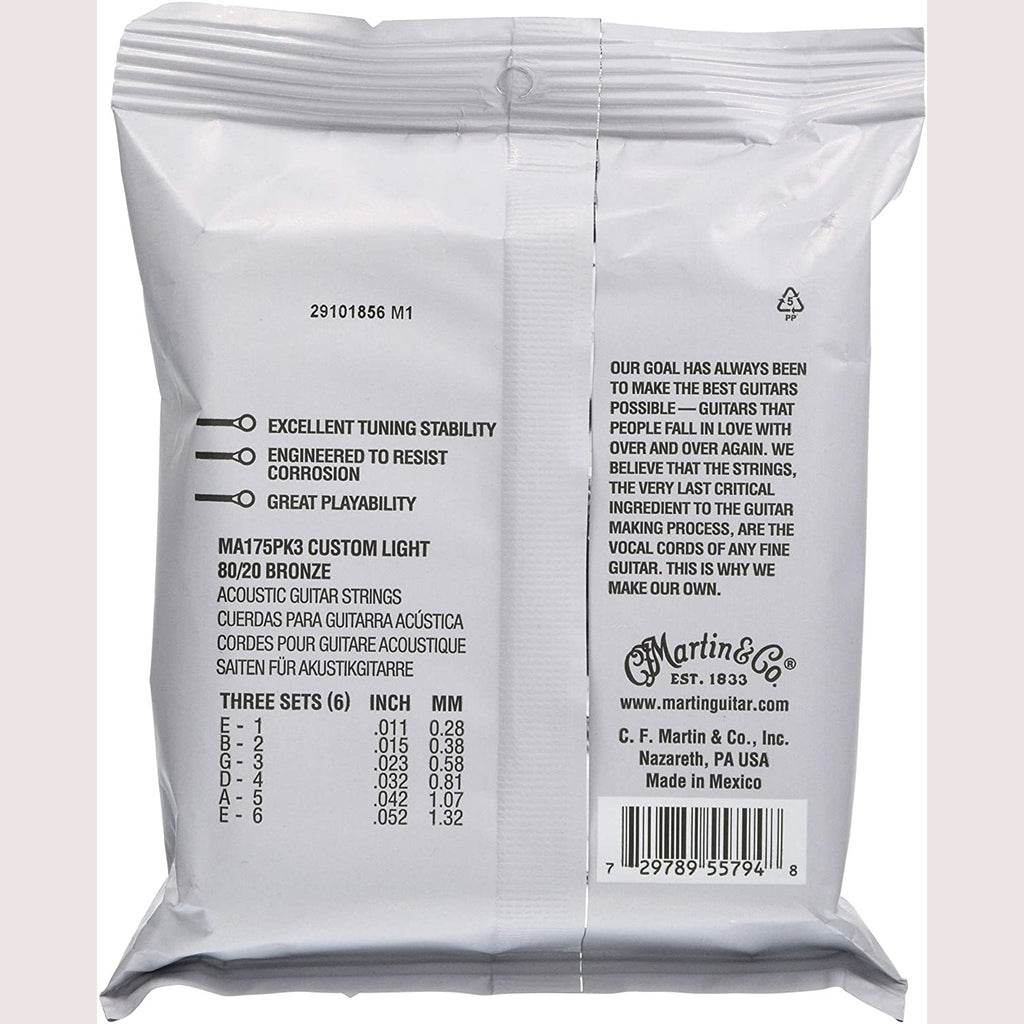 3-Pack of Martin Authentic Acoustic SP MA175 80/20 Guitar Strings, Custom Light (11-52)