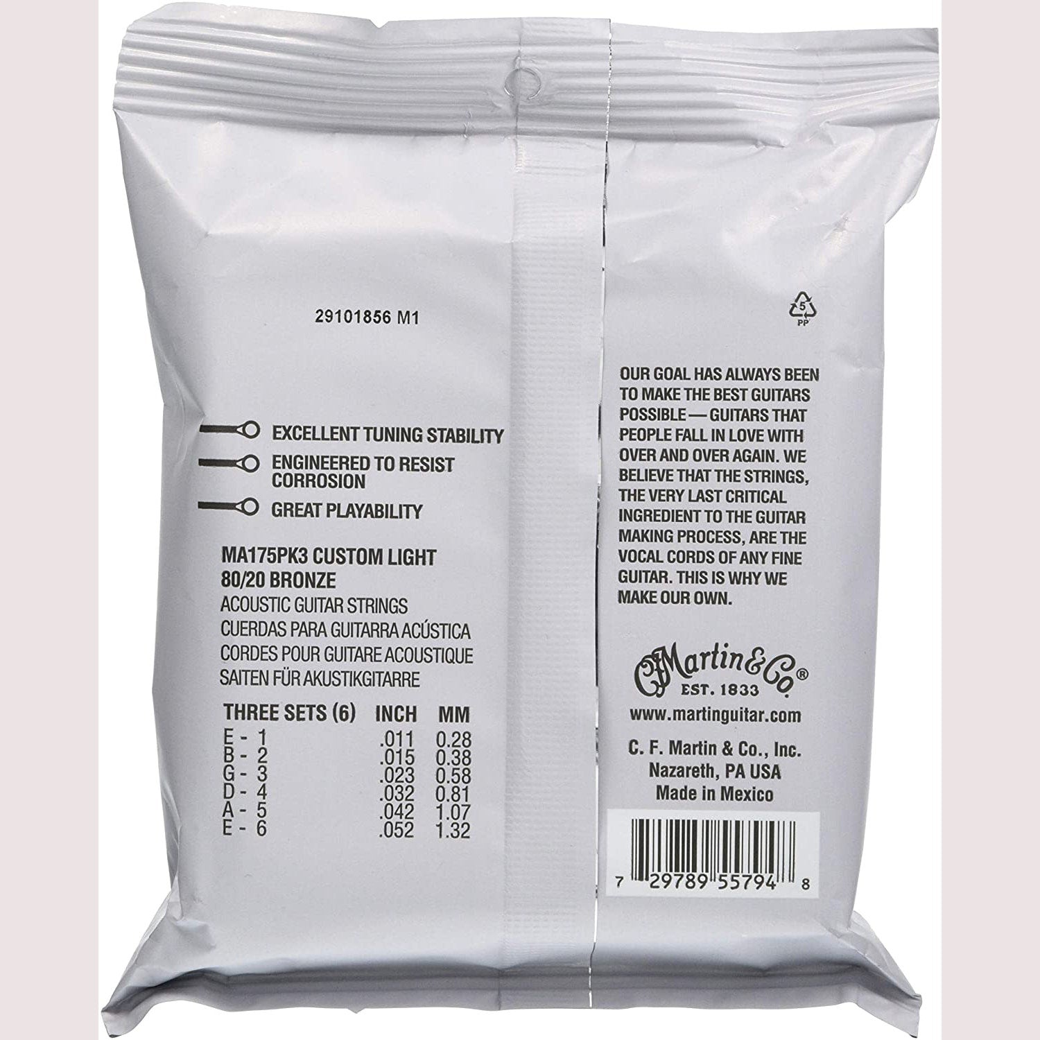 3-Pack of Martin Authentic Acoustic SP MA175 80/20 Guitar Strings, Custom Light (11-52)