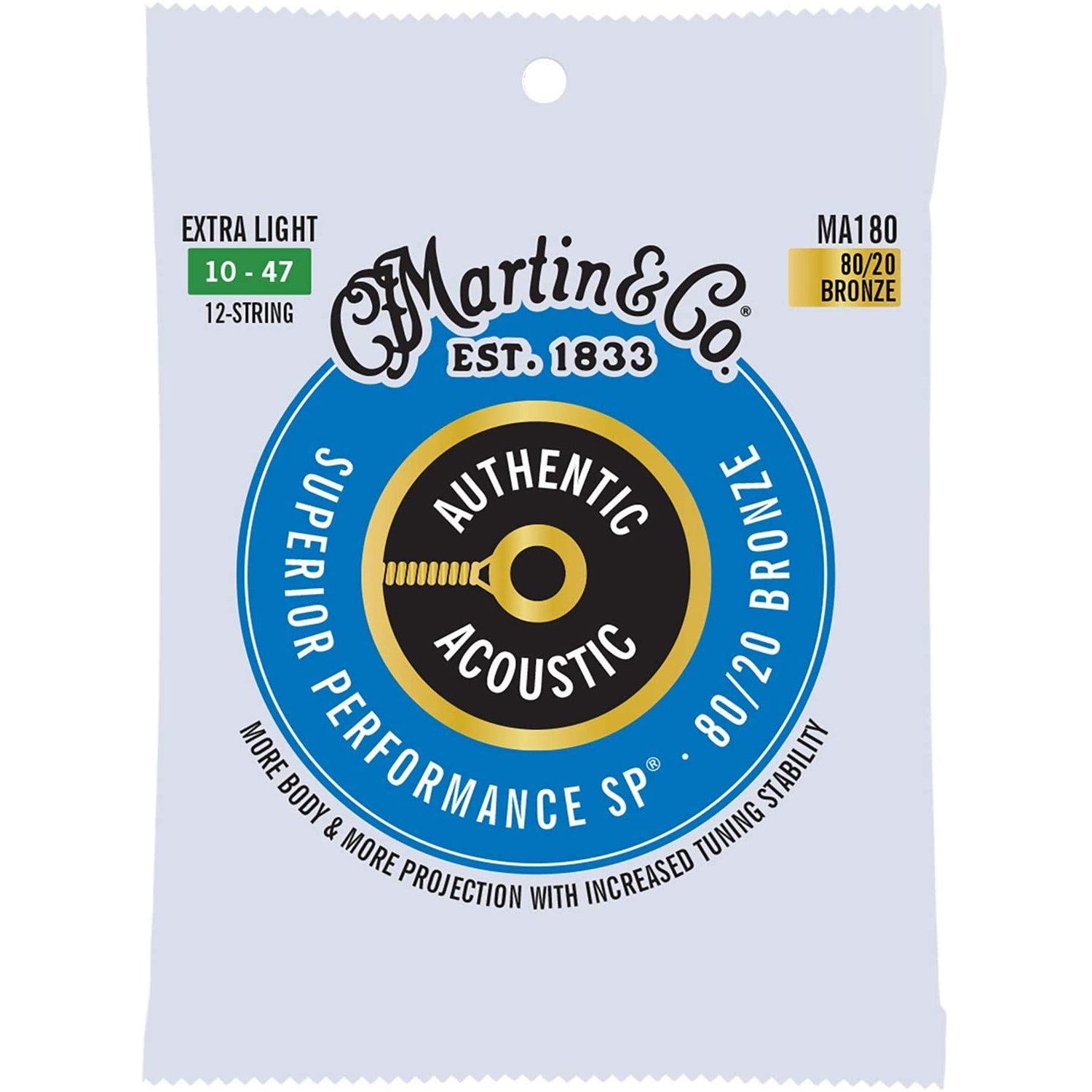 Martin MA180 Authentic Acoustic SP Bronze Guitar Strings, Extra Light 12-String
