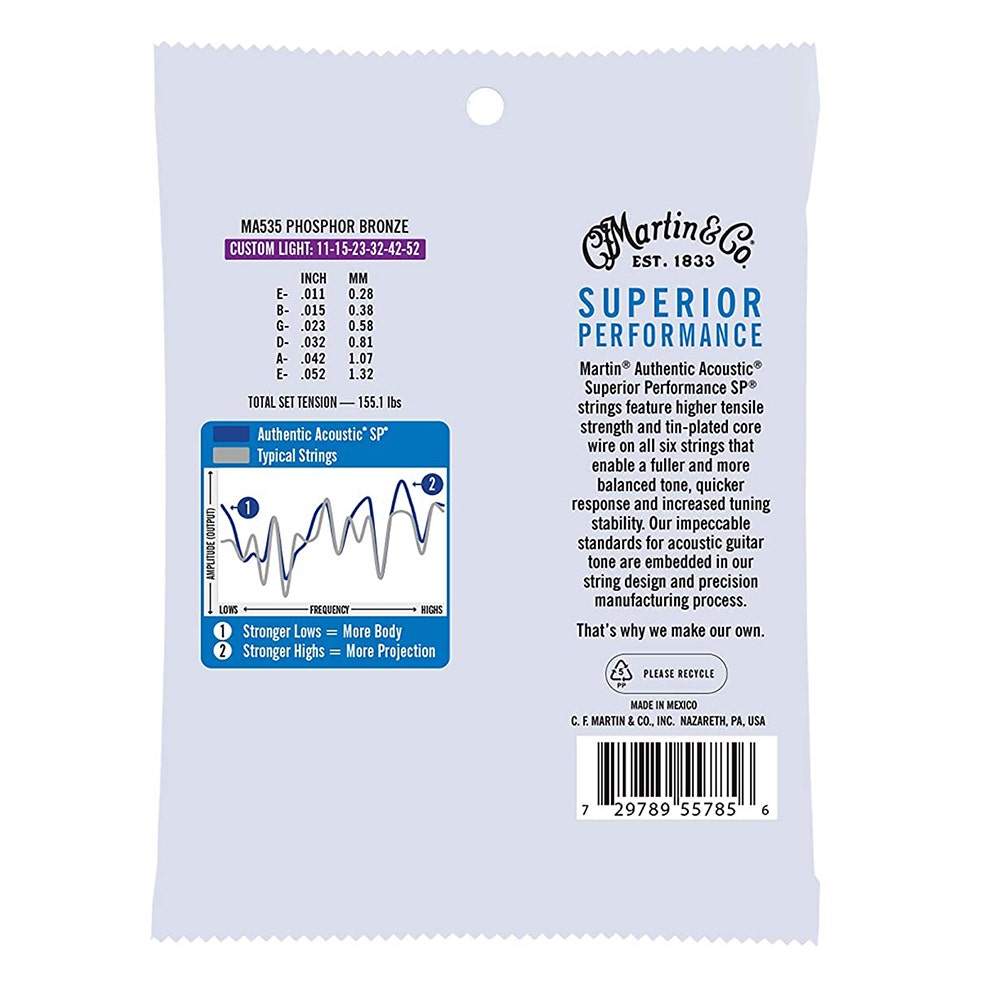 3-Pack of Martin Authentic Acoustic SP MA535 Phosphor Bronze Guitar Strings, Custom Light (11-52)
