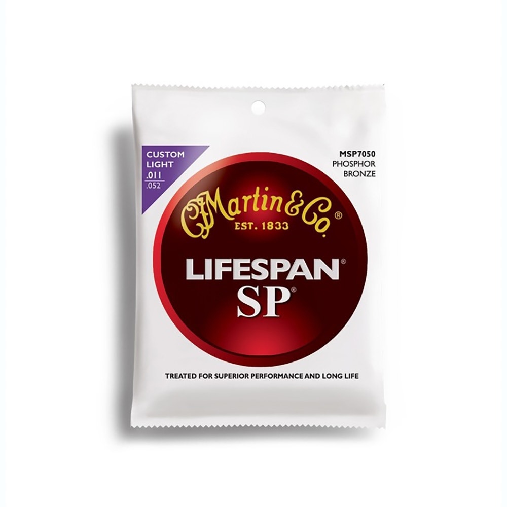 Martin MSP7050 SP Lifespan 92/8 Phosphor Bronze Acoustic Guitar Strings, Custom Light (11-52)