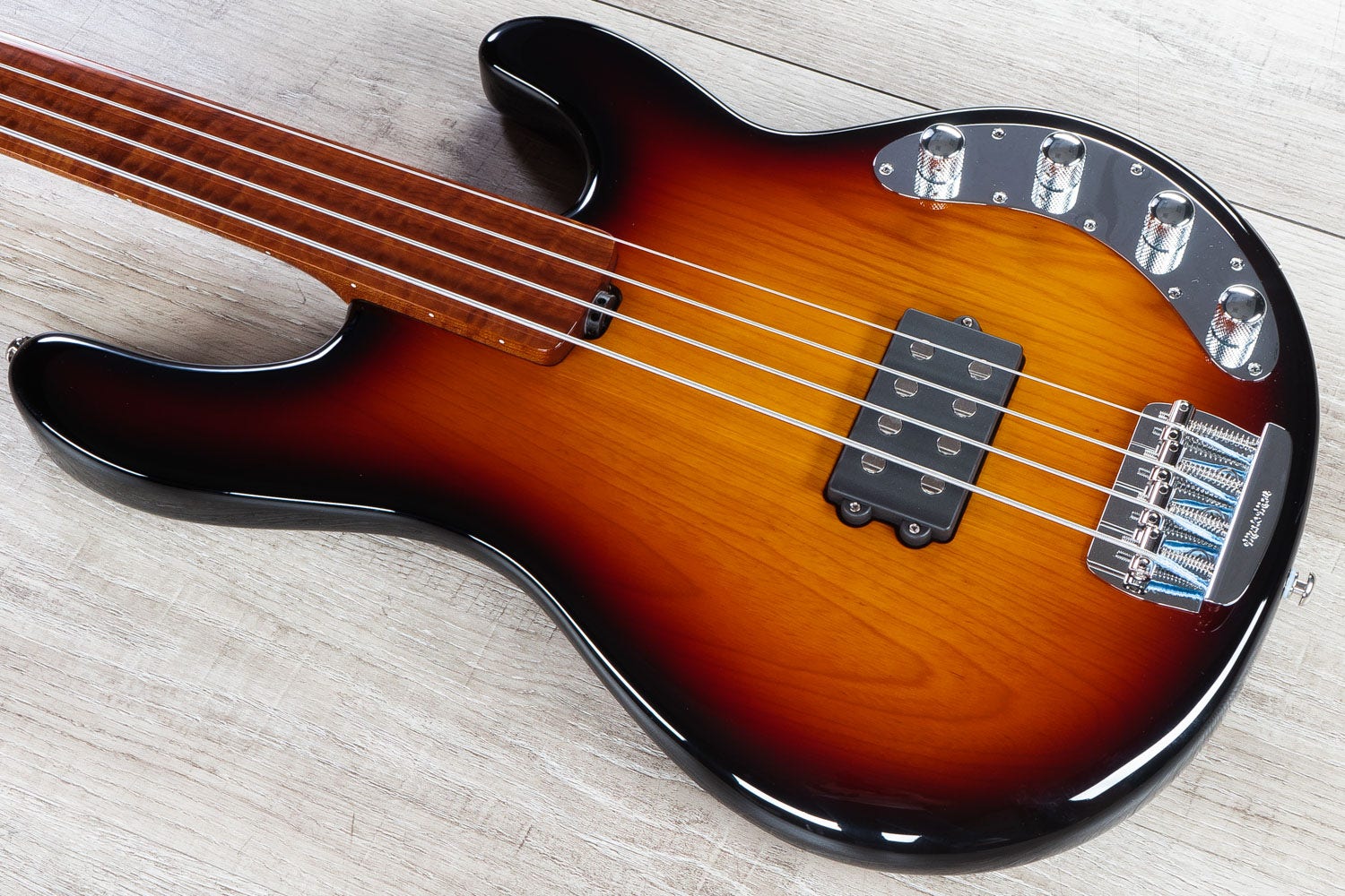 Ernie Ball Music Man BFR Stingray, Fretless Figured Roasted Neck Bass Guitar, Vintage Sierra Burst