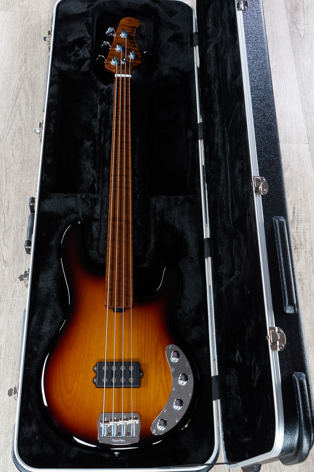 Ernie Ball Music Man BFR Stingray, Fretless Figured Roasted Neck Bass Guitar, Vintage Sierra Burst