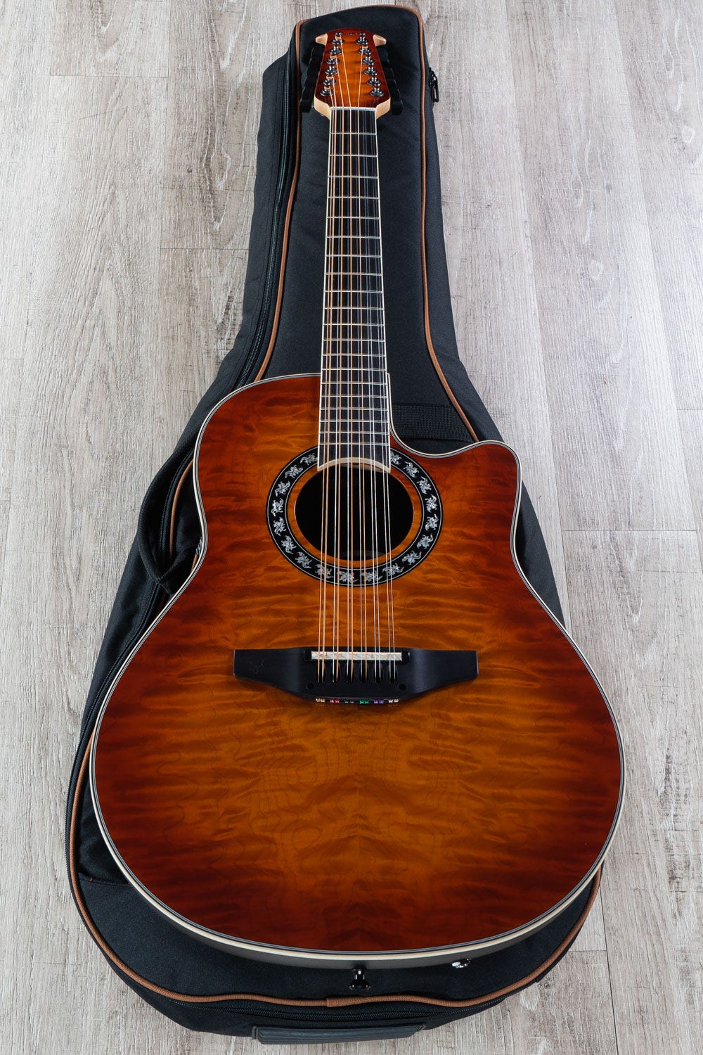 Ovation C2059AXP2-QHB ExoticWood Legend 12-String Acoustic Electric Guitar, Deep Contour, Honey Burst On Exotic Quilted Maple