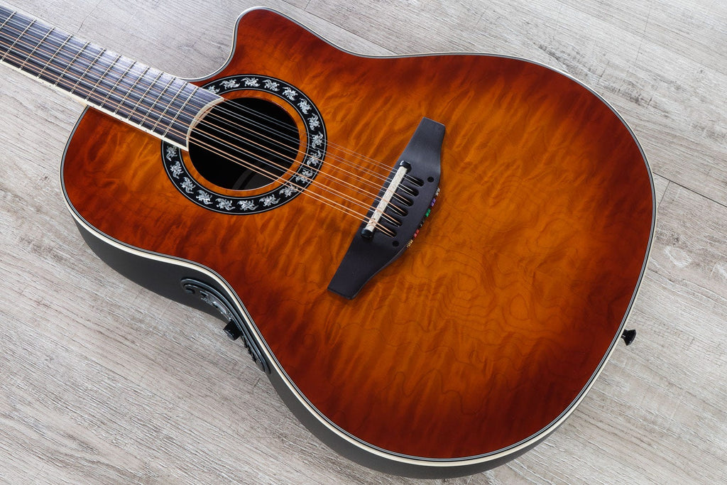 Ovation C2059AXP2-QHB ExoticWood Legend 12-String Acoustic Electric Guitar, Deep Contour, Honey Burst On Exotic Quilted Maple