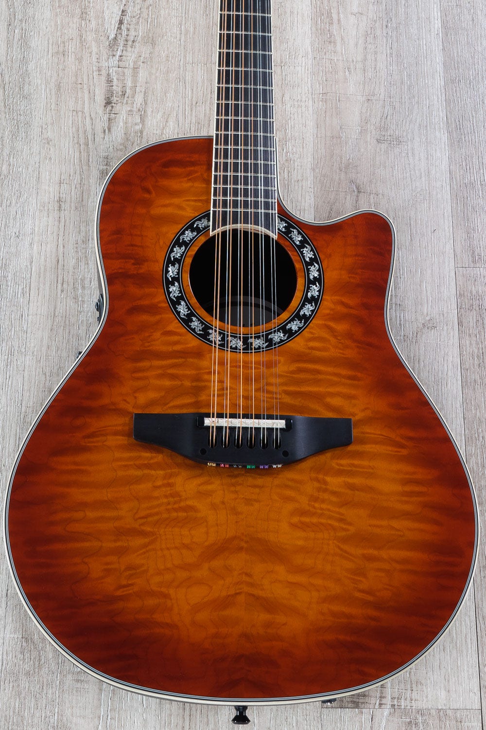 Ovation C2059AXP2-QHB ExoticWood Legend 12-String Acoustic Electric Guitar, Deep Contour, Honey Burst On Exotic Quilted Maple
