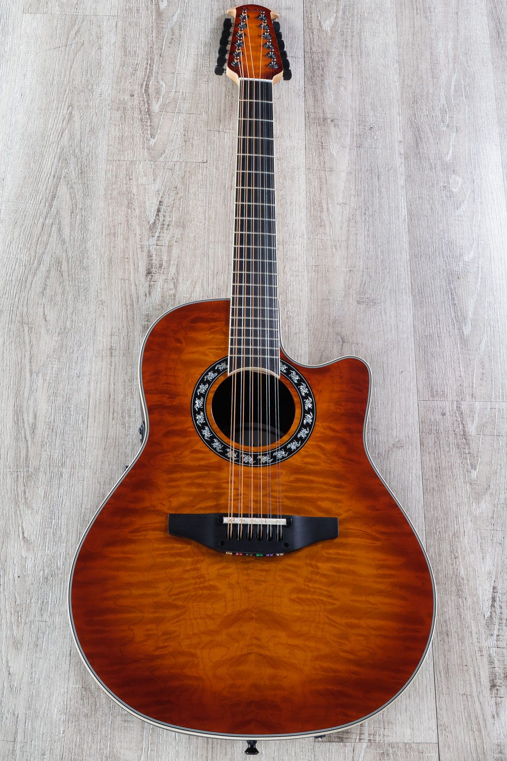 Ovation C2059AXP2-QHB ExoticWood Legend 12-String Acoustic Electric Guitar, Deep Contour, Honey Burst On Exotic Quilted Maple