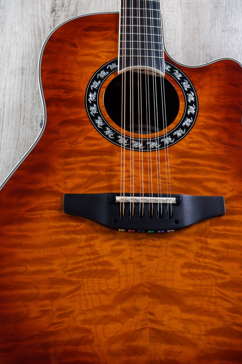 Ovation C2059AXP2-QHB ExoticWood Legend 12-String Acoustic Electric Guitar, Deep Contour, Honey Burst On Exotic Quilted Maple