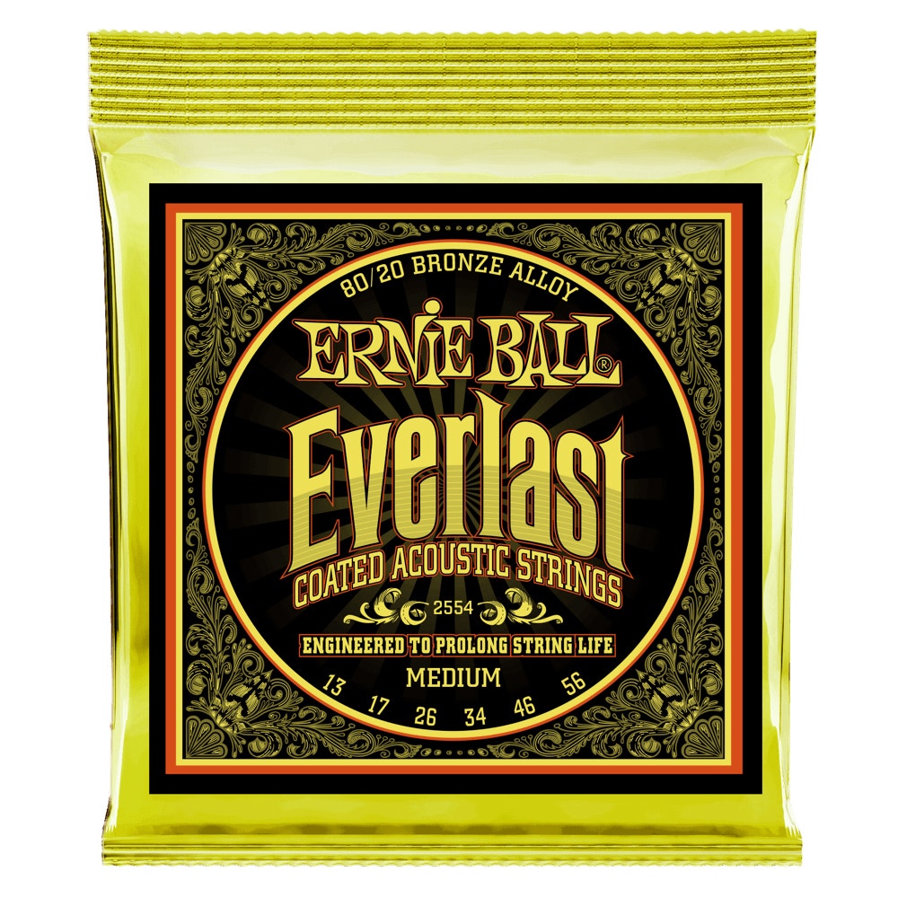 Ernie Ball 2554 Everlast Coated 80/20 Bronze Acoustic Guitar Strings, Medium, 13-56
