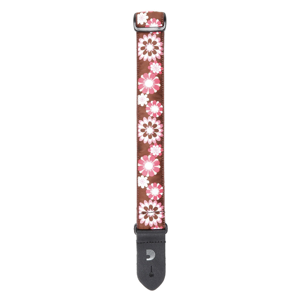 D'Addario 15UKE02 1.5" Nylon Jacquard Ukulele Strap, Brown & Pink Flowers