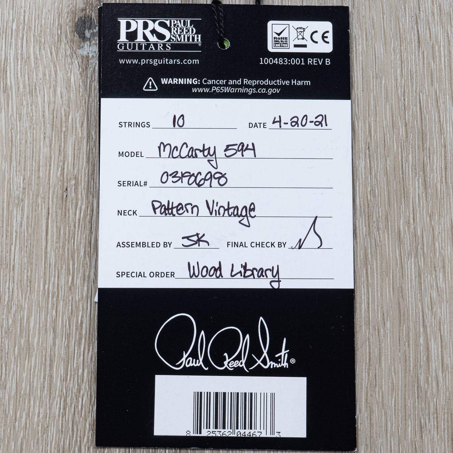 PRS Paul Reed Smith Wood Library McCarty 594 Electric Guitar, Satin Green Fade, Brazilian Rosewood