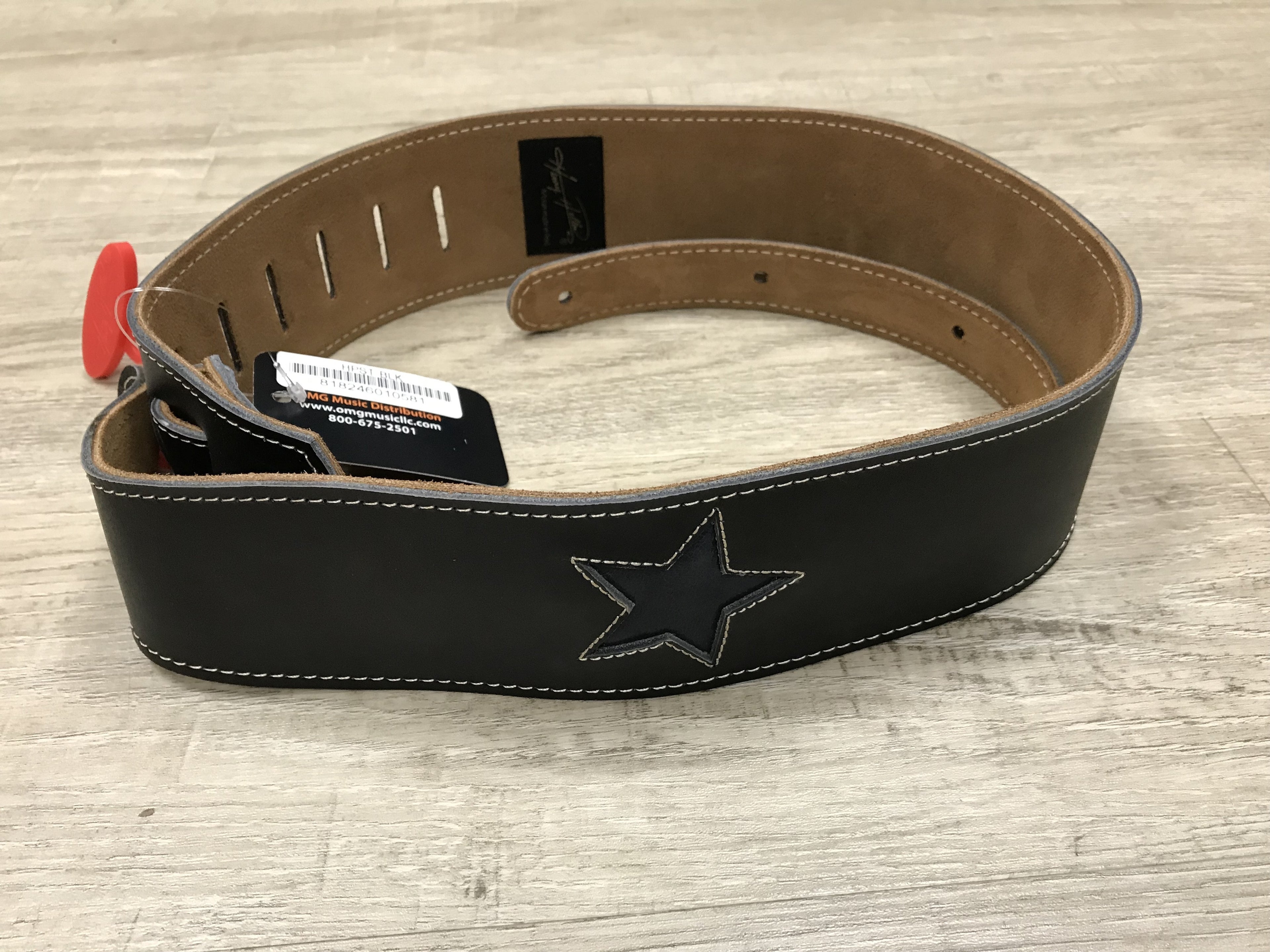 Henry Heller HPST-BLK Black Leather Guitar Strap with Vintage Blue Star Cut Out & Cream Stitch