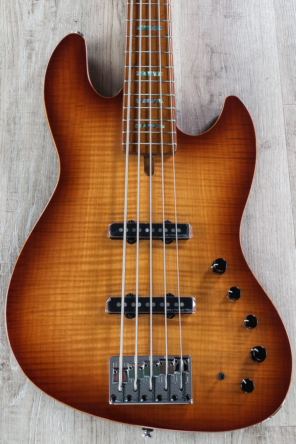 Sire V10 2nd Gen Bass Guitar, 5-String, Roasted Flame Maple Fingerboard, TS Tobacco Sunburst w/ Gig Bag