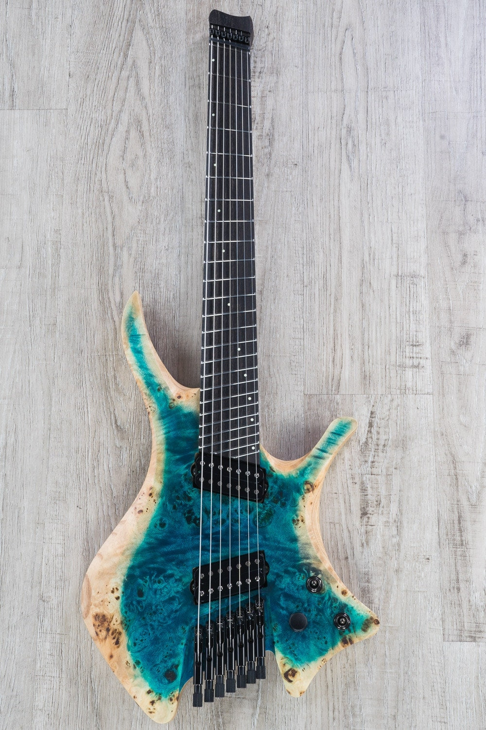 Skervesen Shoggie 7 FF Headless Multiscale 7-String Electric Guitar, Poplar Burl Top, Hard Case - Silver Blue Fade