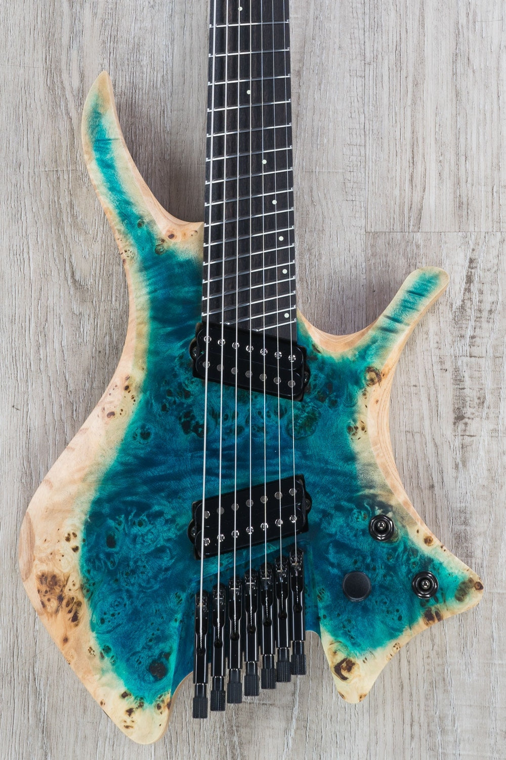 Skervesen Shoggie 7 FF Headless Multiscale 7-String Electric Guitar, Poplar Burl Top, Hard Case - Silver Blue Fade