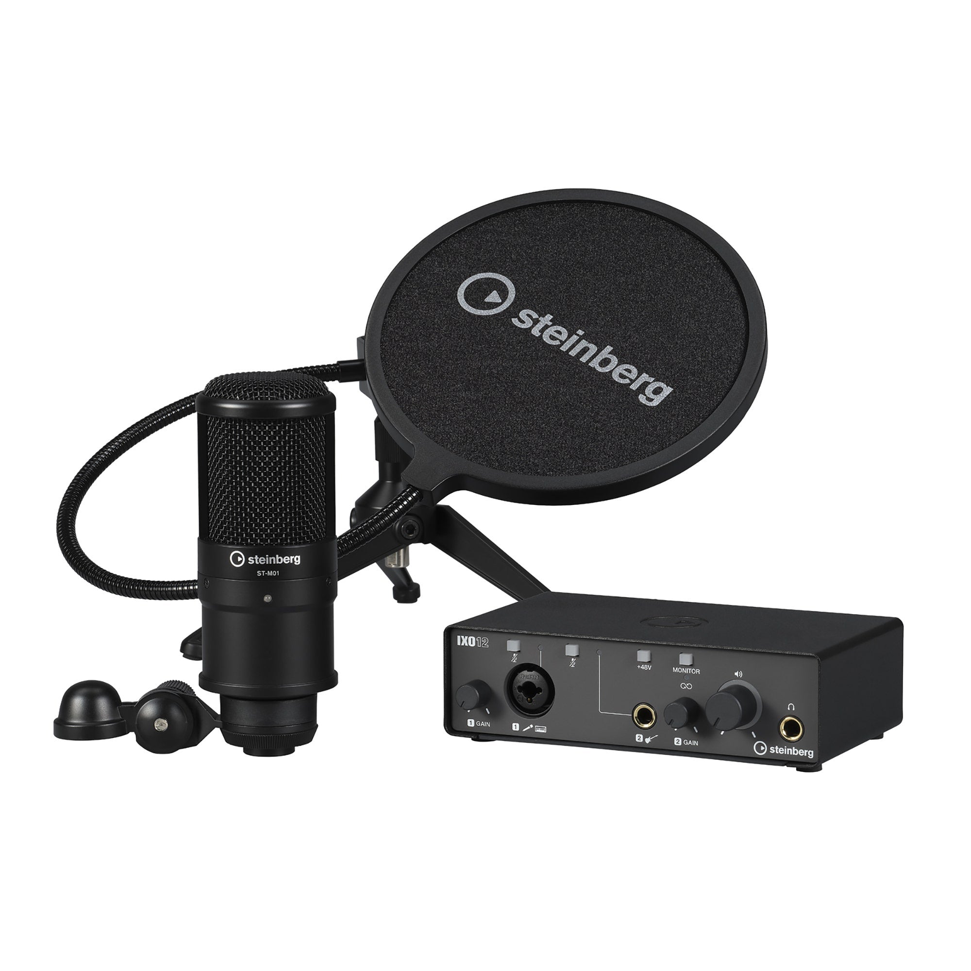 Steinberg IXO12 USB Audio Interface Podcast Pack, Black with Mic, Table Top Stand, Pop Screen