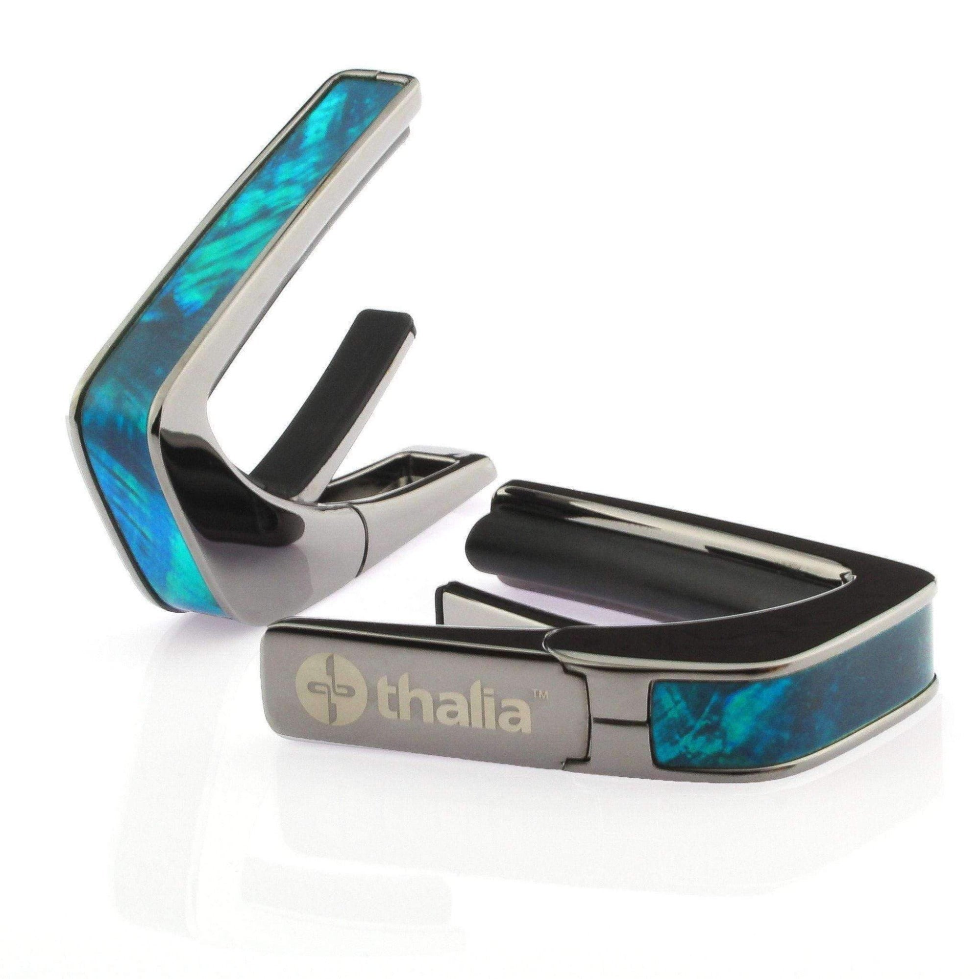 Thalia Exotic Shell Collection Black Chrome Finish Guitar Capo, Teal Angel Wing Inlay