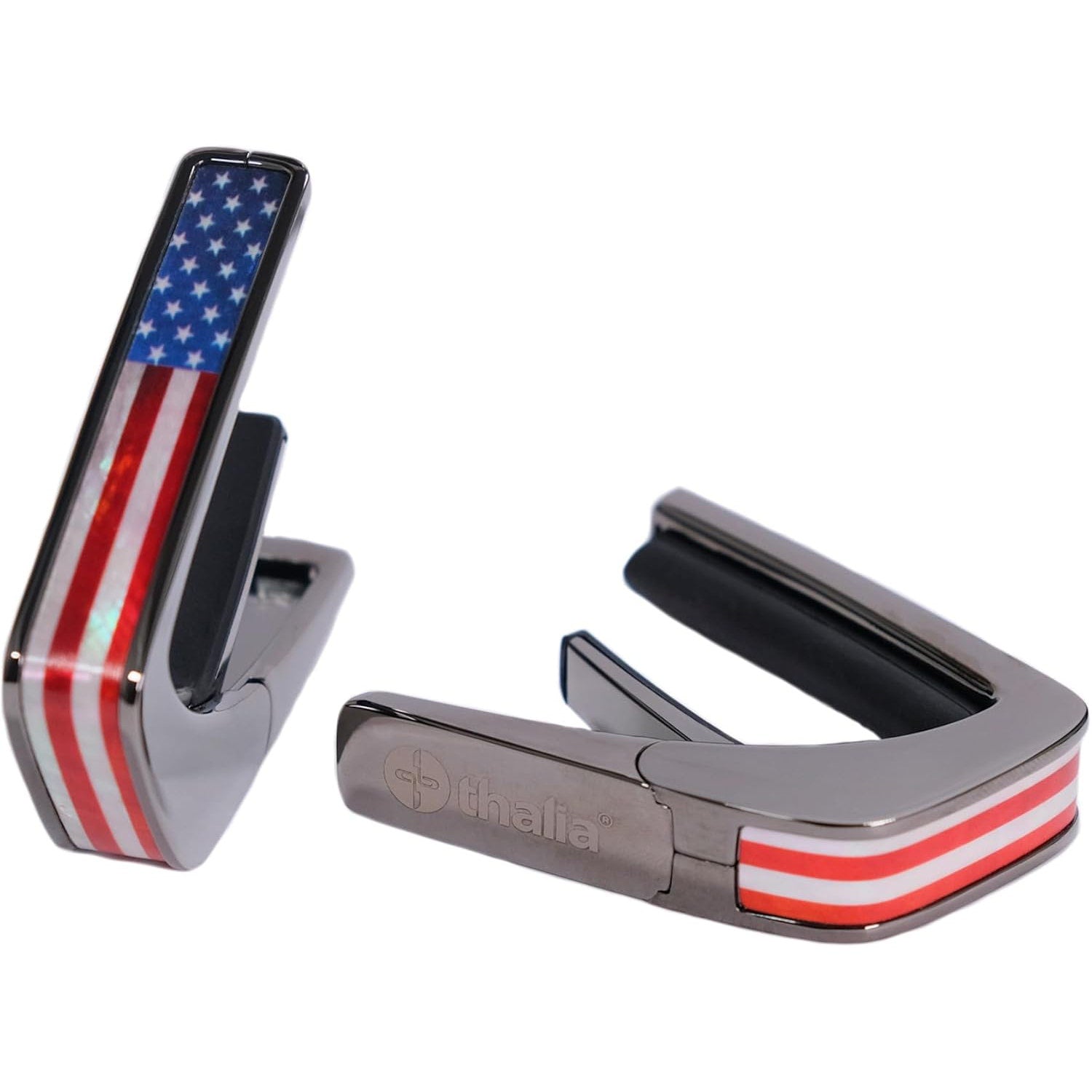 Thalia Deluxe Series Black Chrome Finish Guitar Capo, Stars & Stripes