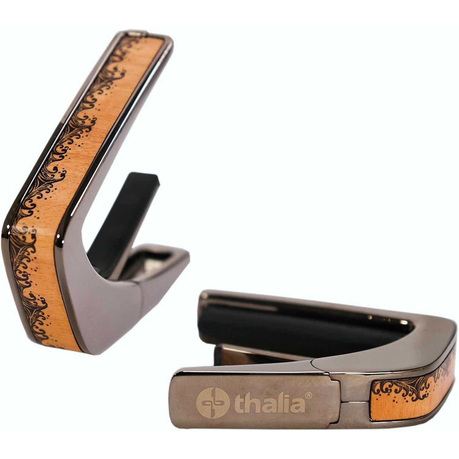 Thalia Deluxe Series Black Chrome Finish Guitar Capo, Flamed Maple Waves