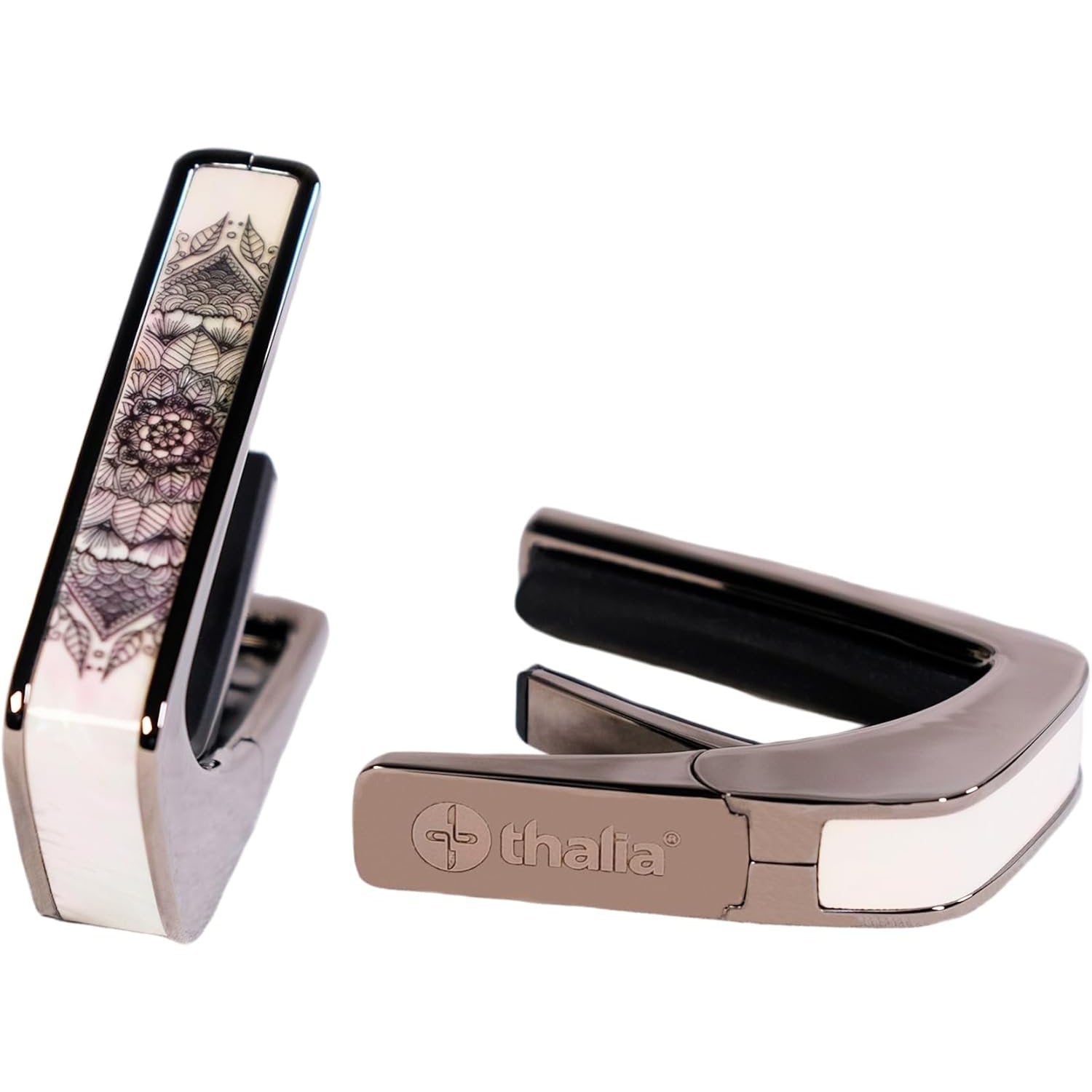 Thalia Deluxe Series Black Chrome Finish Guitar Capo, Pearl Mandala