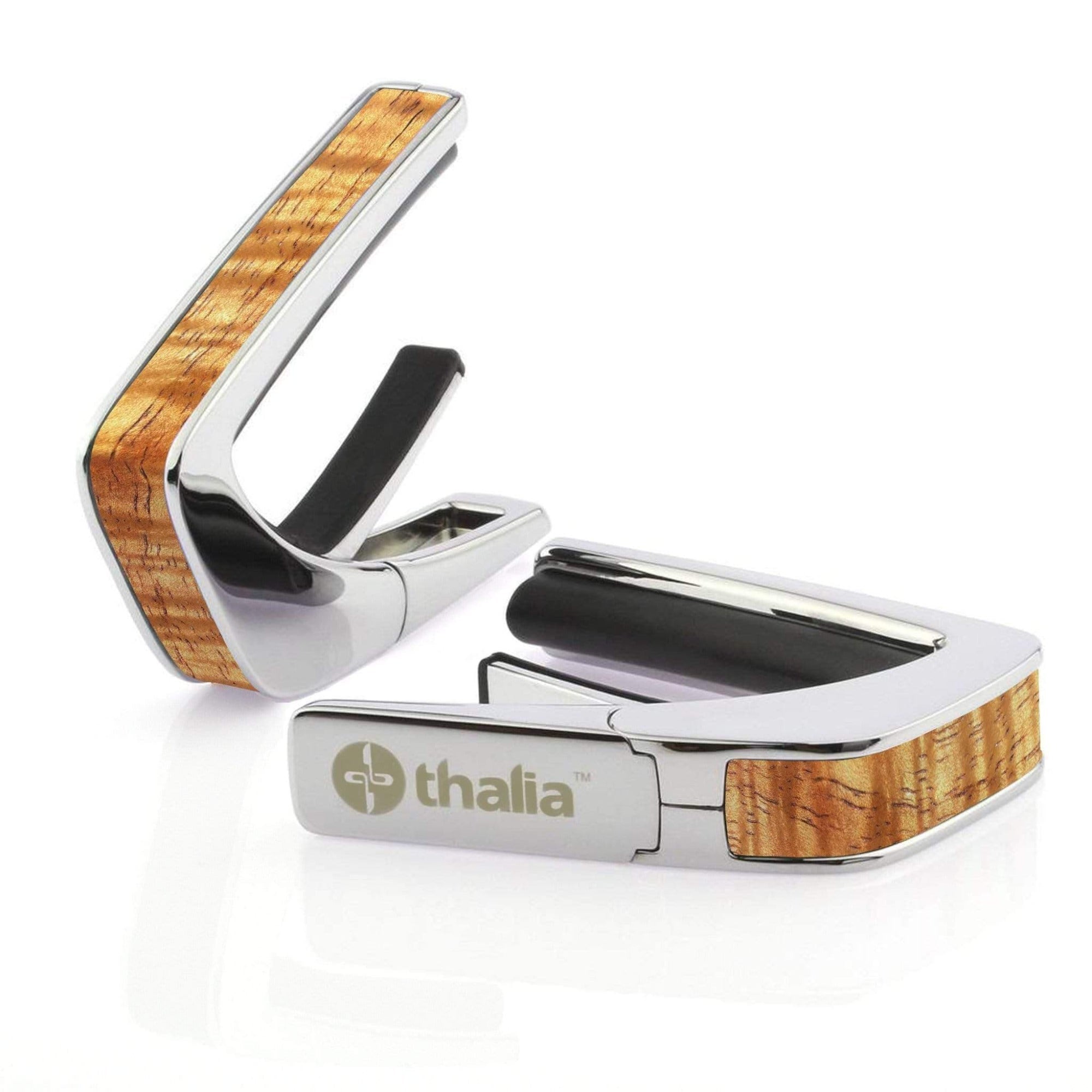 Thalia Exotic Wood Collection Chrome Finish Guitar Capo, AAA Hawaiian Koa Inlay