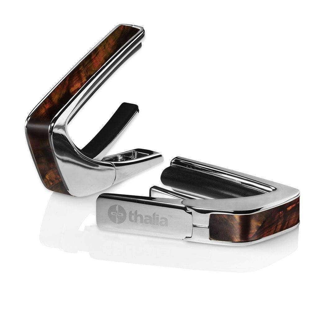 Thalia Exotic Shell Collection Chrome Finish Guitar Capo, Tennessee Whiskey Wing Inlay