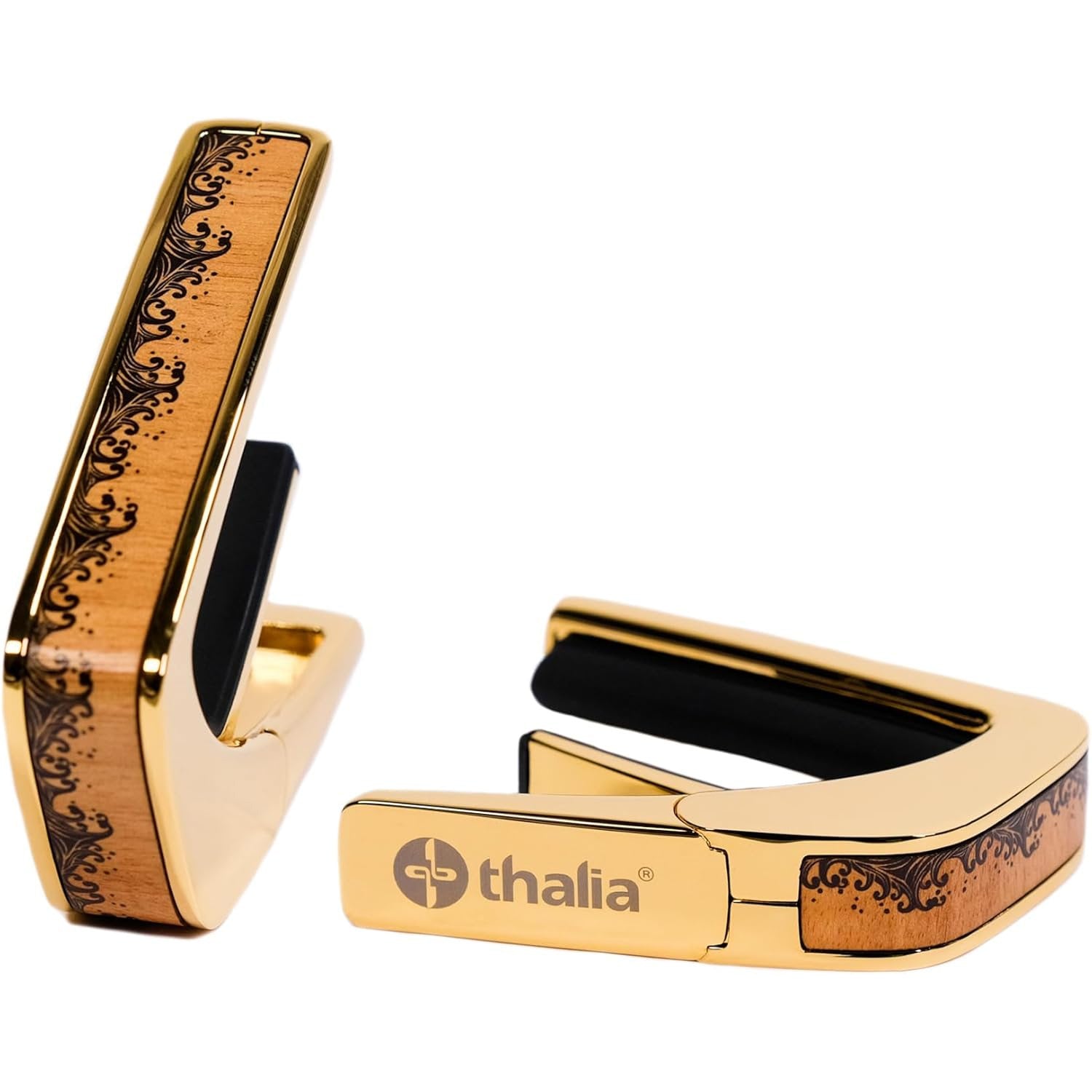 Thalia Deluxe Series 24k Gold Finish Guitar Capo, Flamed Maple Waves