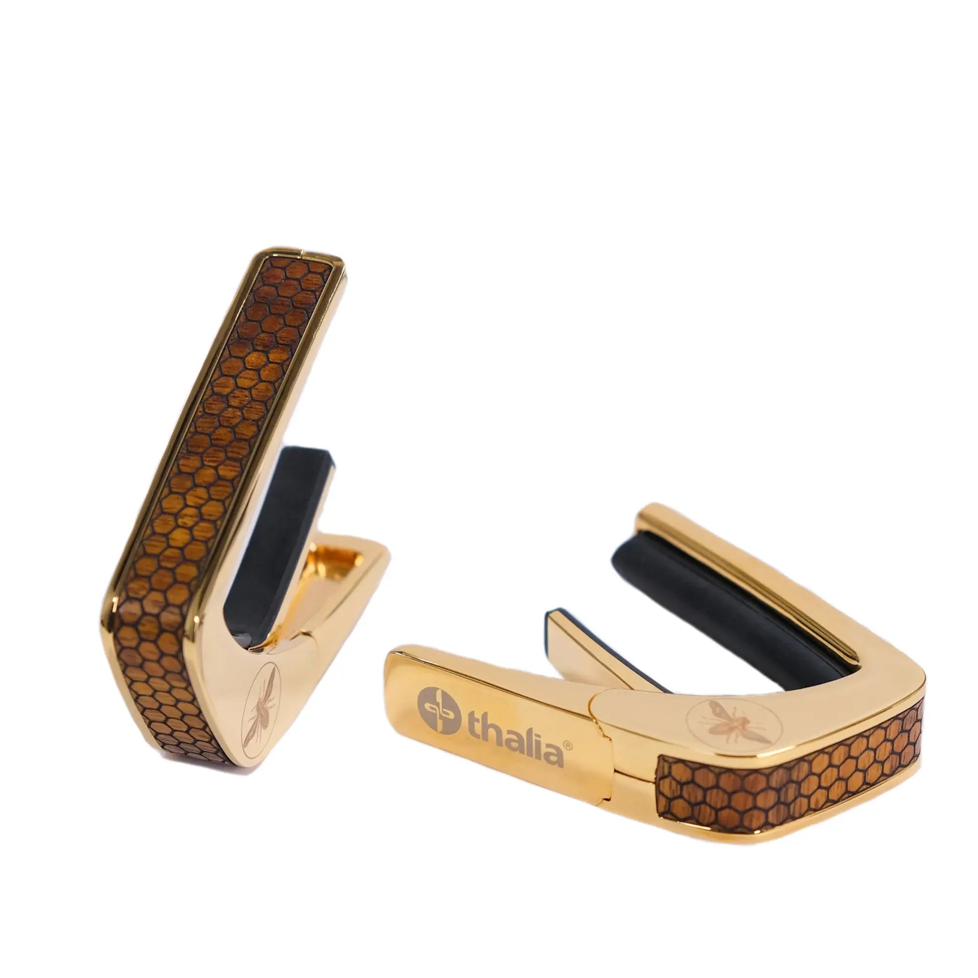 Thalia Premium Series Gold Finish Guitar Capo, AAA Curly Hawaiian Koa, Save the Bees Honeycomb