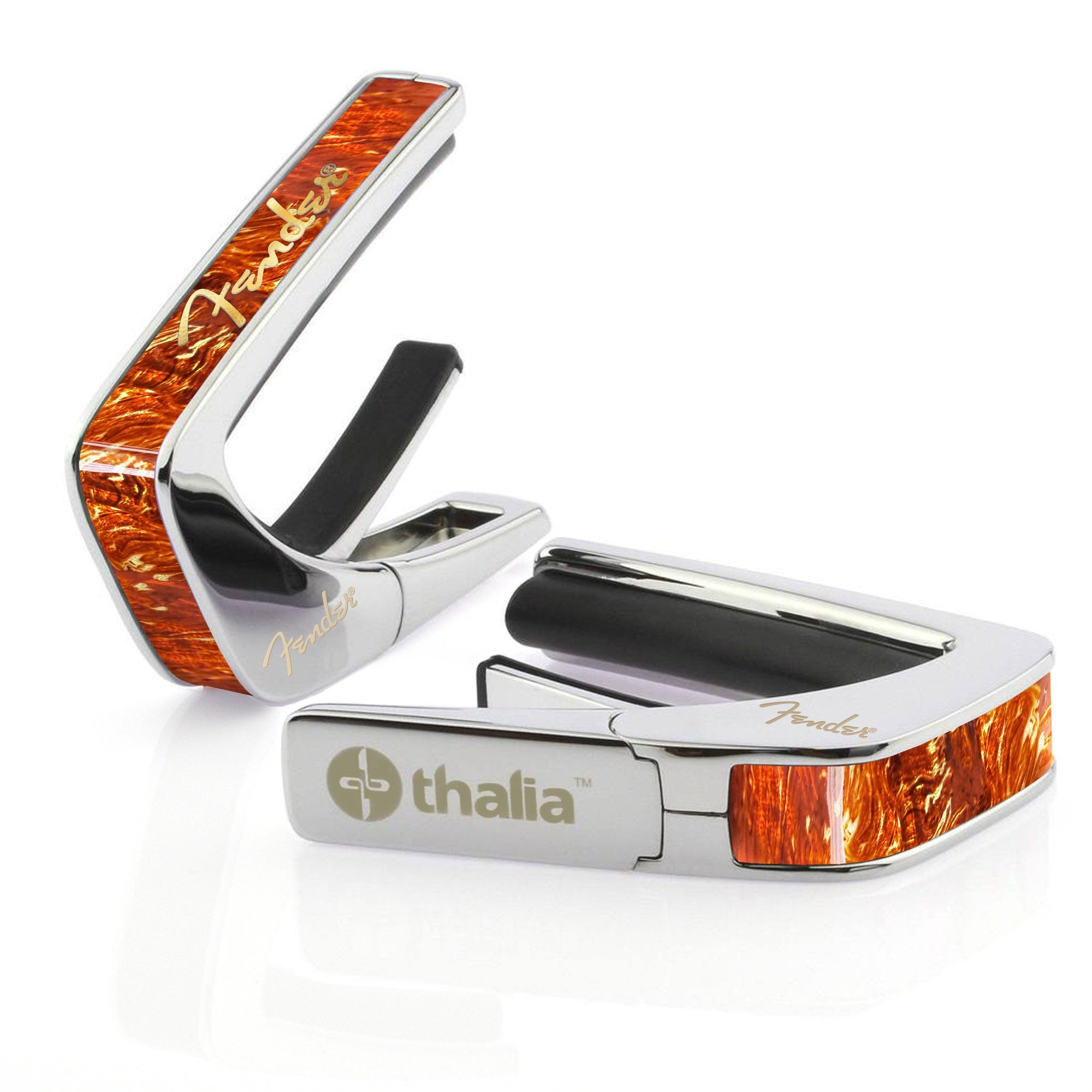 Thalia Fender Licensed Chrome Finish Guitar Capo, Tortoise Gold Hot Stamp Spaghetti Logo