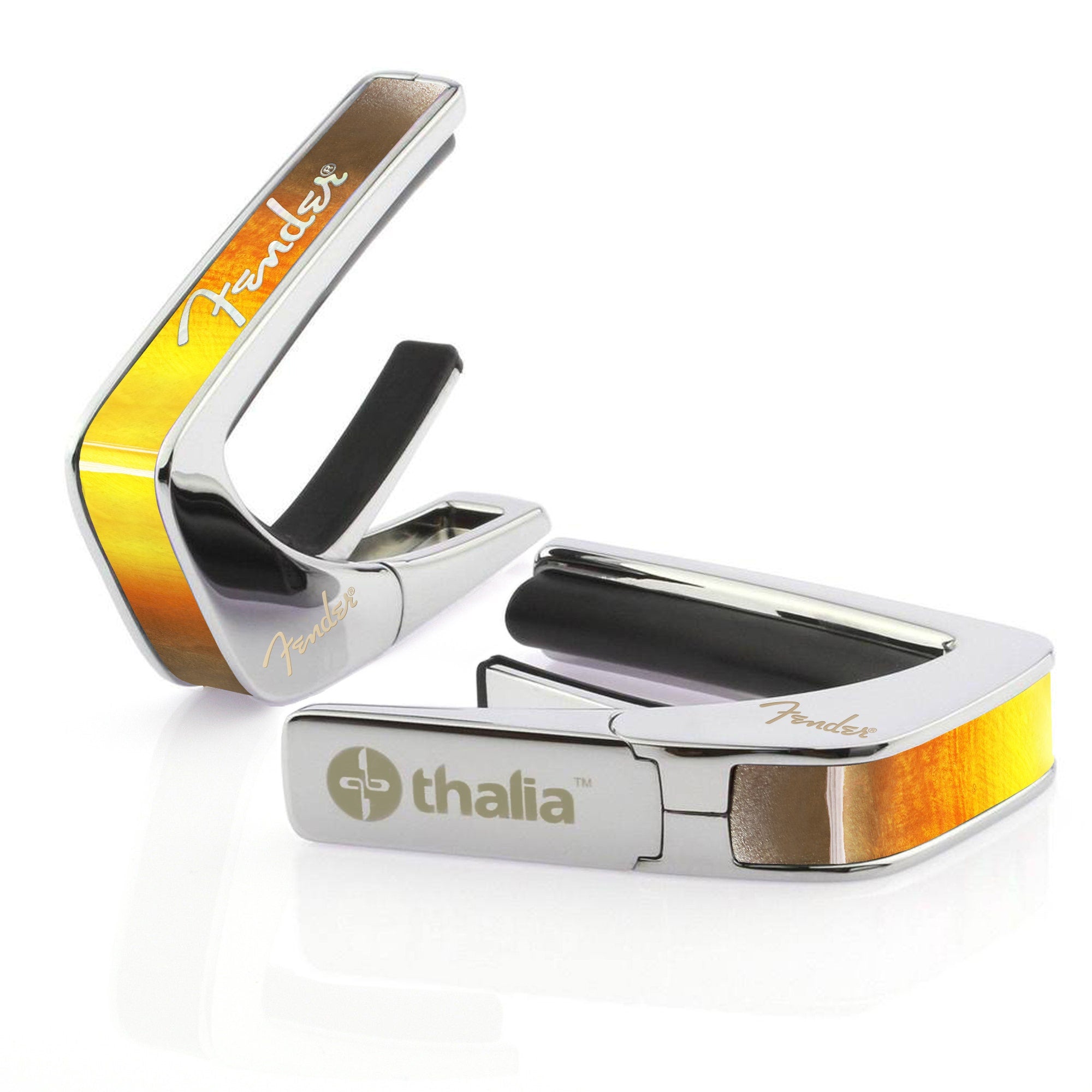 Thalia Fender Licensed Chrome Finish Guitar Capo, Sunburst White Spaghetti Logo