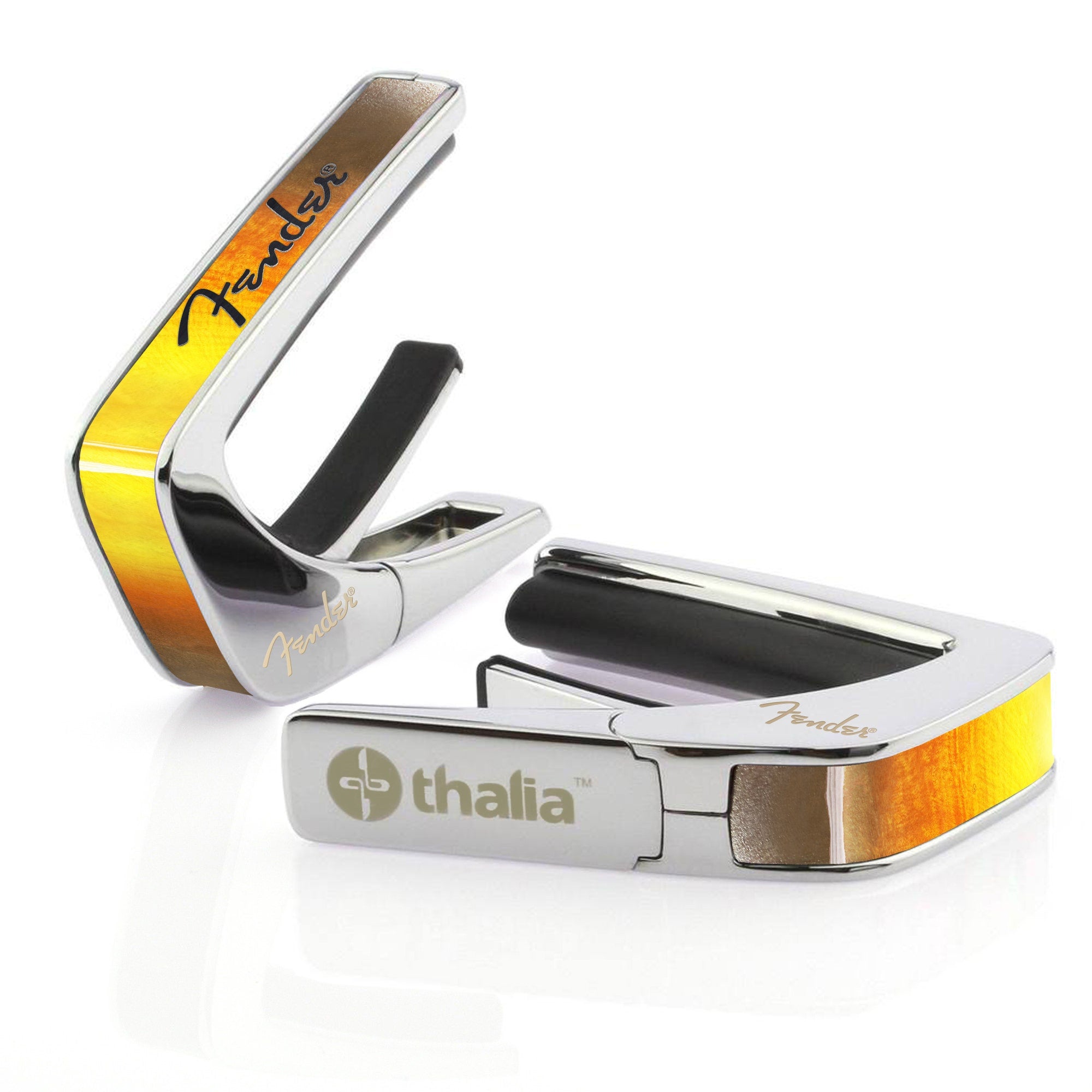 Thalia Fender Licensed Chrome Finish Guitar Capo, Sunburst Black Spaghetti Logo