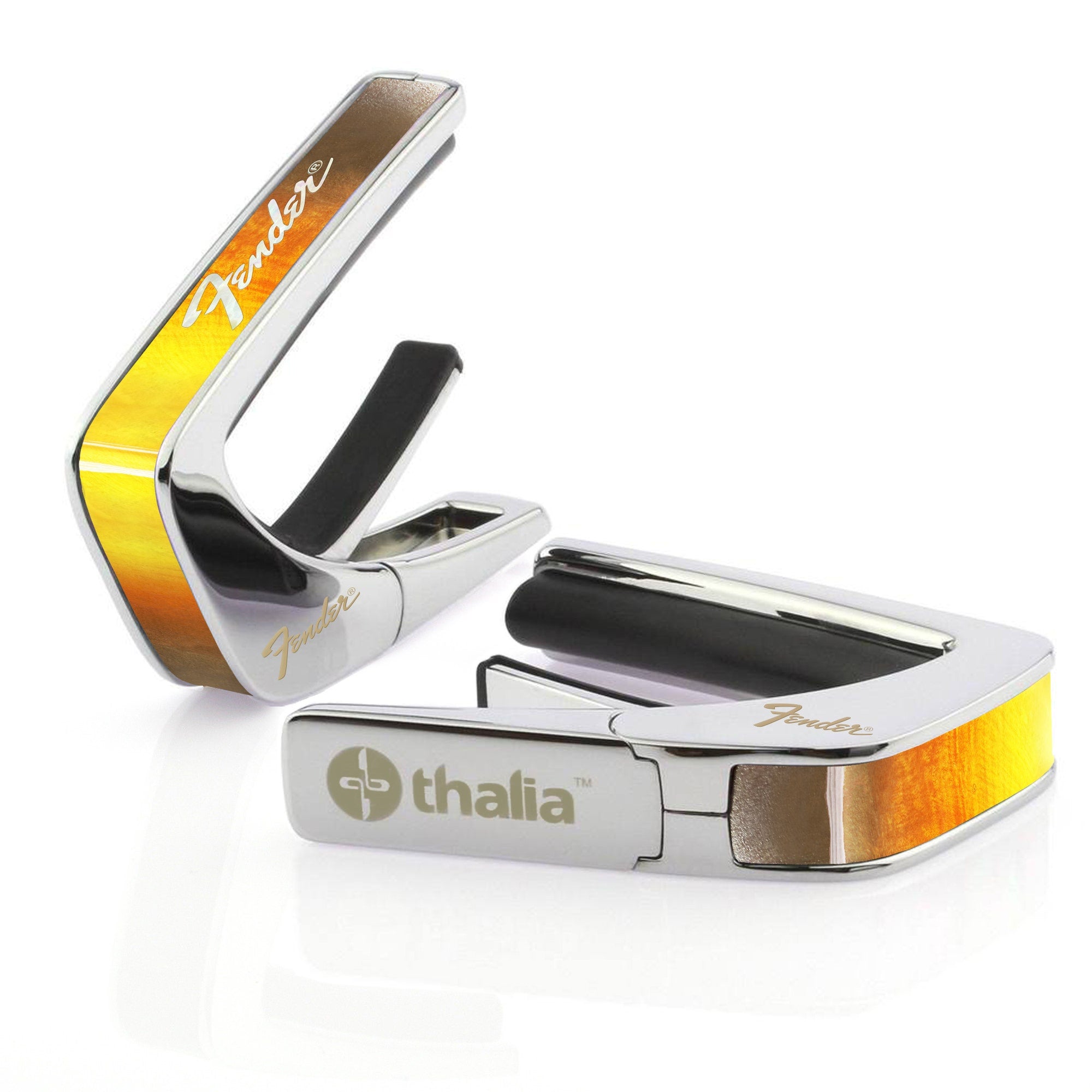 Thalia Fender Licensed Chrome Finish Guitar Capo, Sunburst White Perine Logo