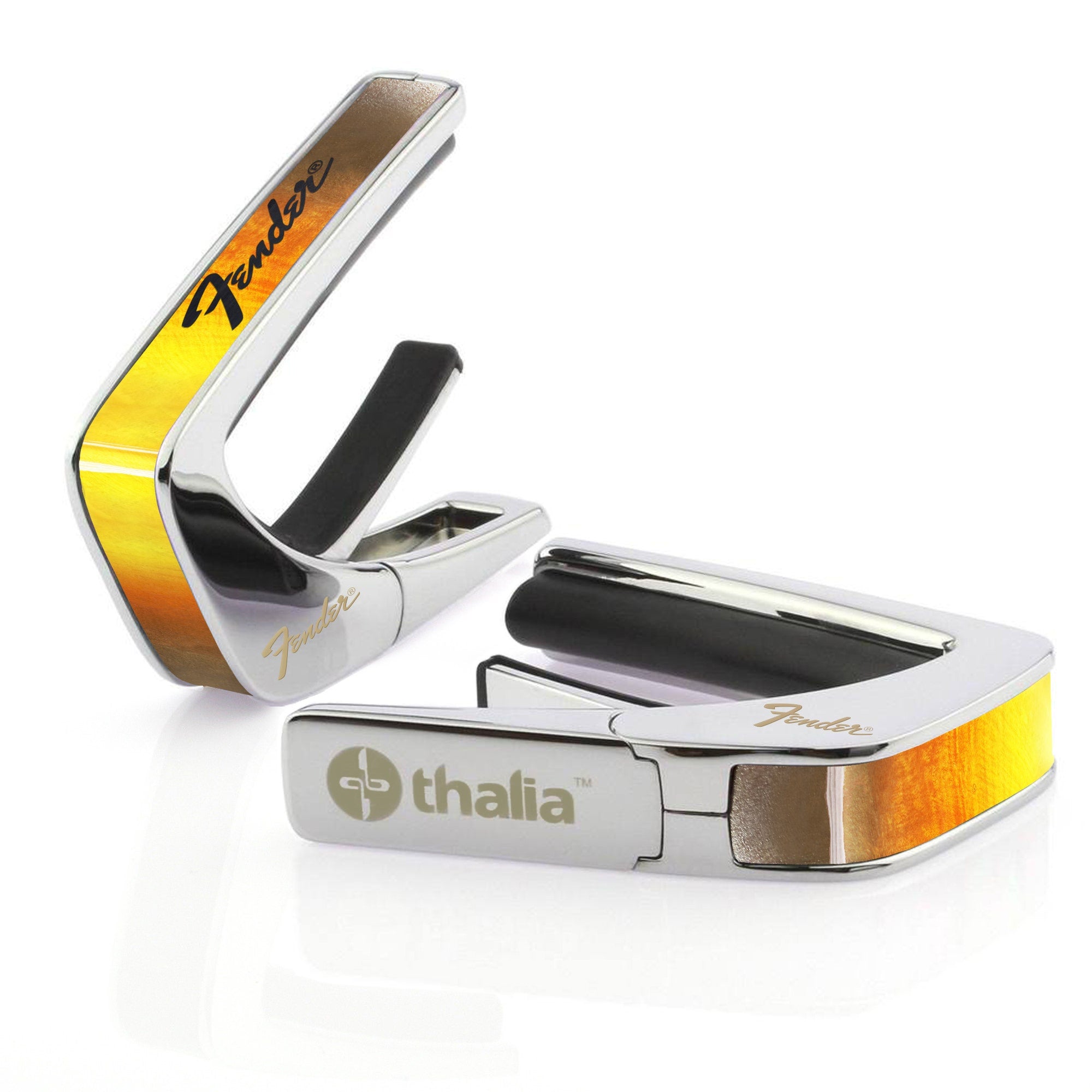 Thalia Fender Licensed Chrome Finish Guitar Capo, Sunburst Black Perine Logo